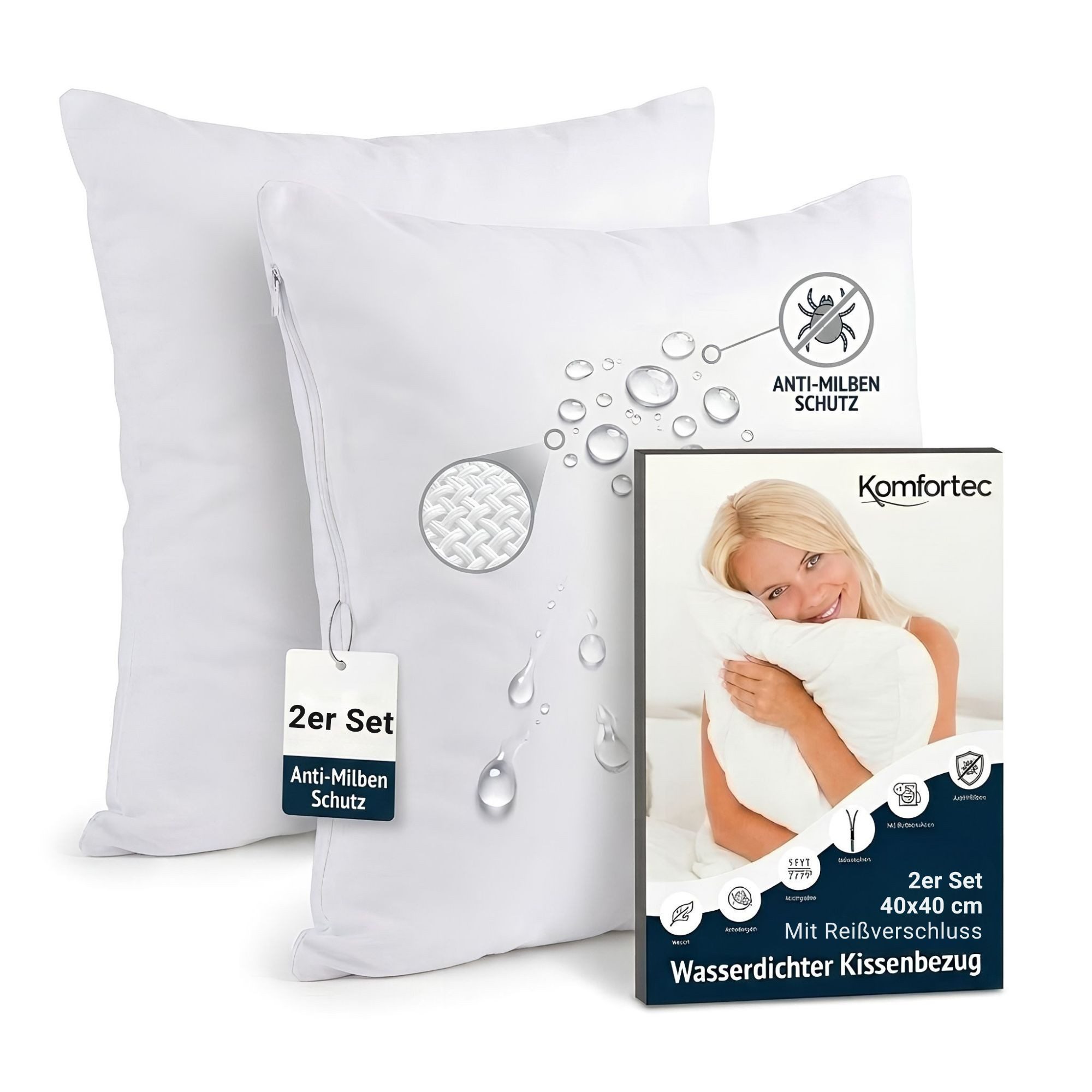 Komfortec Kissenbezüge Wasserdichter Kissenbezug Set, Hypoallergen Kopfkissenbezüge, (2 Stück), 40x40 cm mit Reißverschluss, Atmungsaktiv, Anti-Milben Kissenschoner