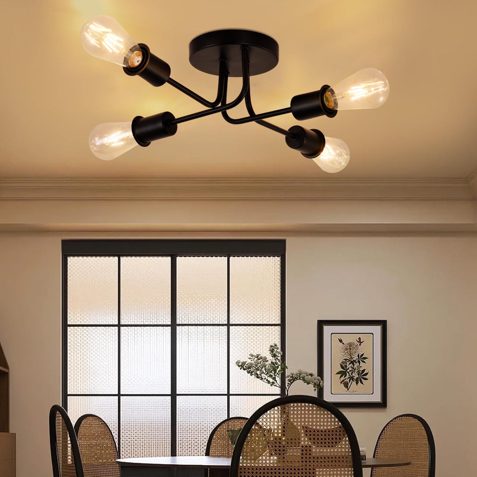 ZMH Deckenleuchte 4/6flammig E27 Retro-Kreuzdesign für Wohnzimmer, Esszimmer und Flur, Schwarz, LED wechselbar, Warmweiß, vintage,max. 25W, 48×46×14,5cm – Bild 5 von 5