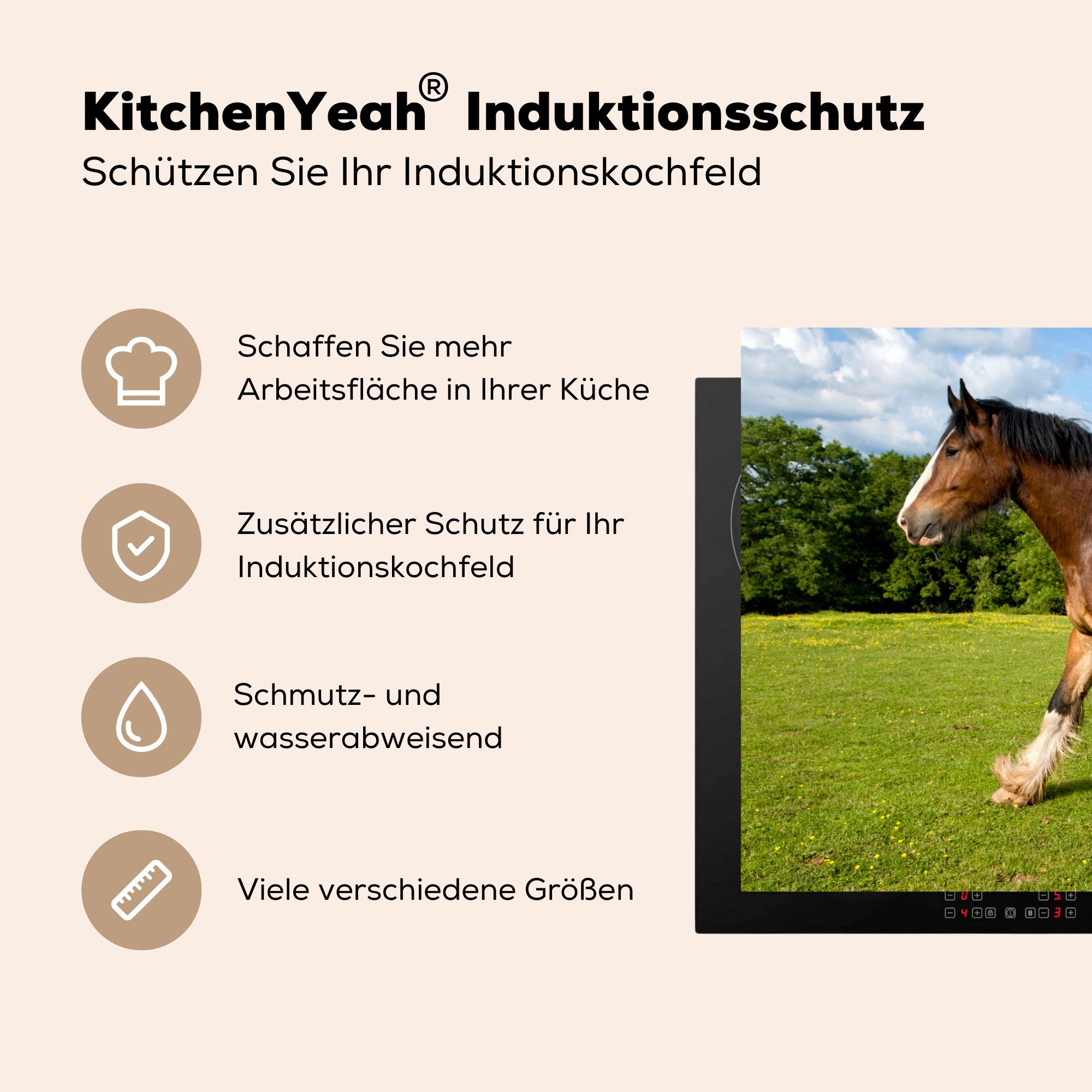 MuchoWow Herdblende-/Abdeckplatte Shire Horse für grüner cm, (1 Schutz Ceranfeldabdeckung Wiese, tlg), küche, Vinyl, auf die Induktionskochfeld 81x52