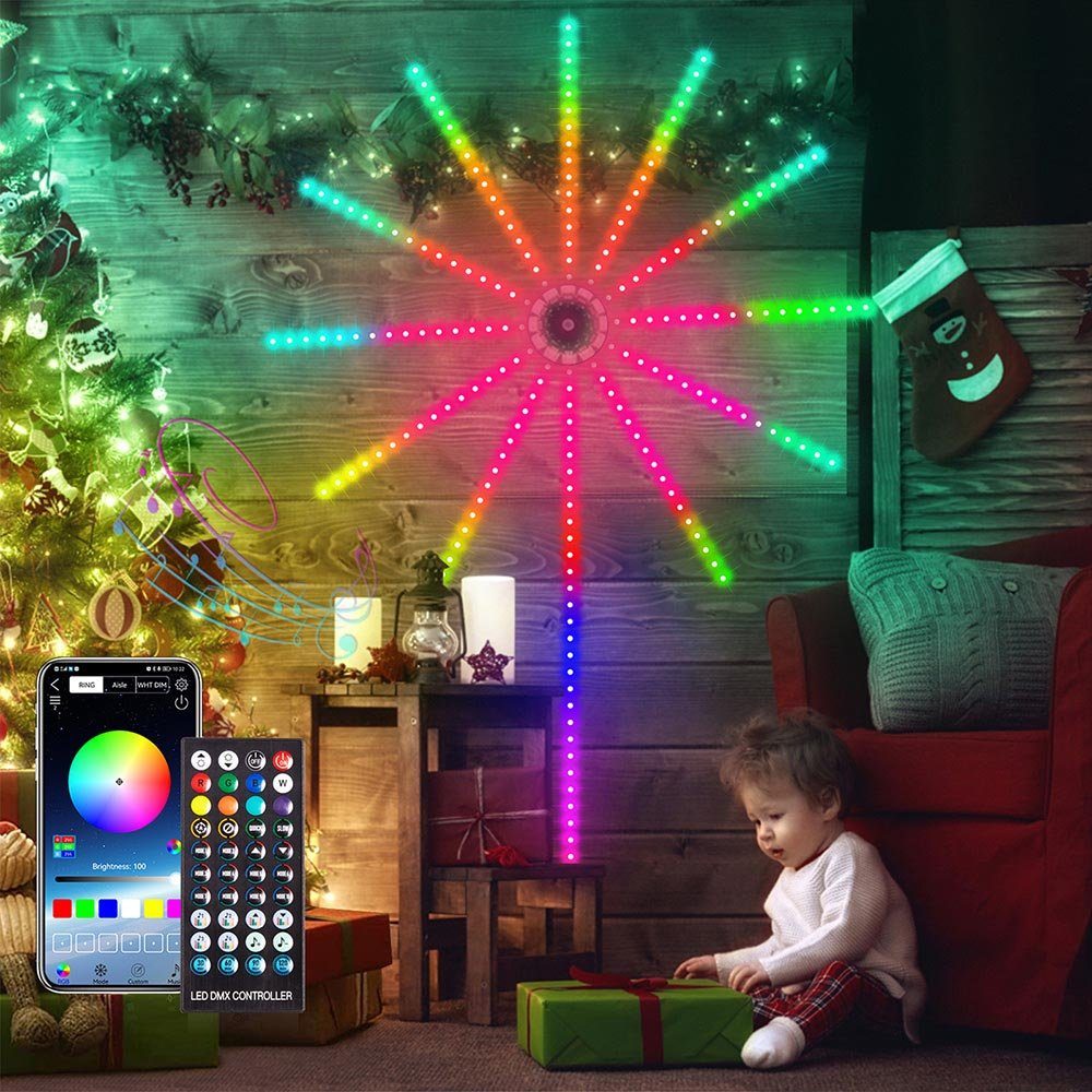 Rosnek LED-Streifen Feuerwerk, Wand Deko, Musik-Sound-Sync, für Party TV APP/Fernbedienung USB-betrieben, Bluetooth, Farbwechsel, Weihnachten