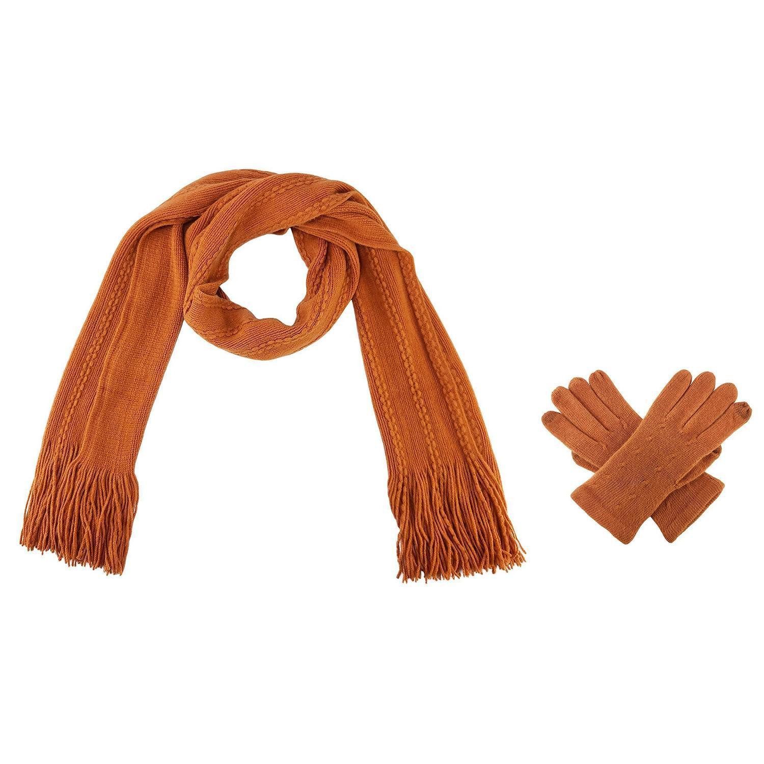 LuxusKollektion Strickschal Schal & Handschuh Set Orange Zopfmuster Touchscreen, (1-St)