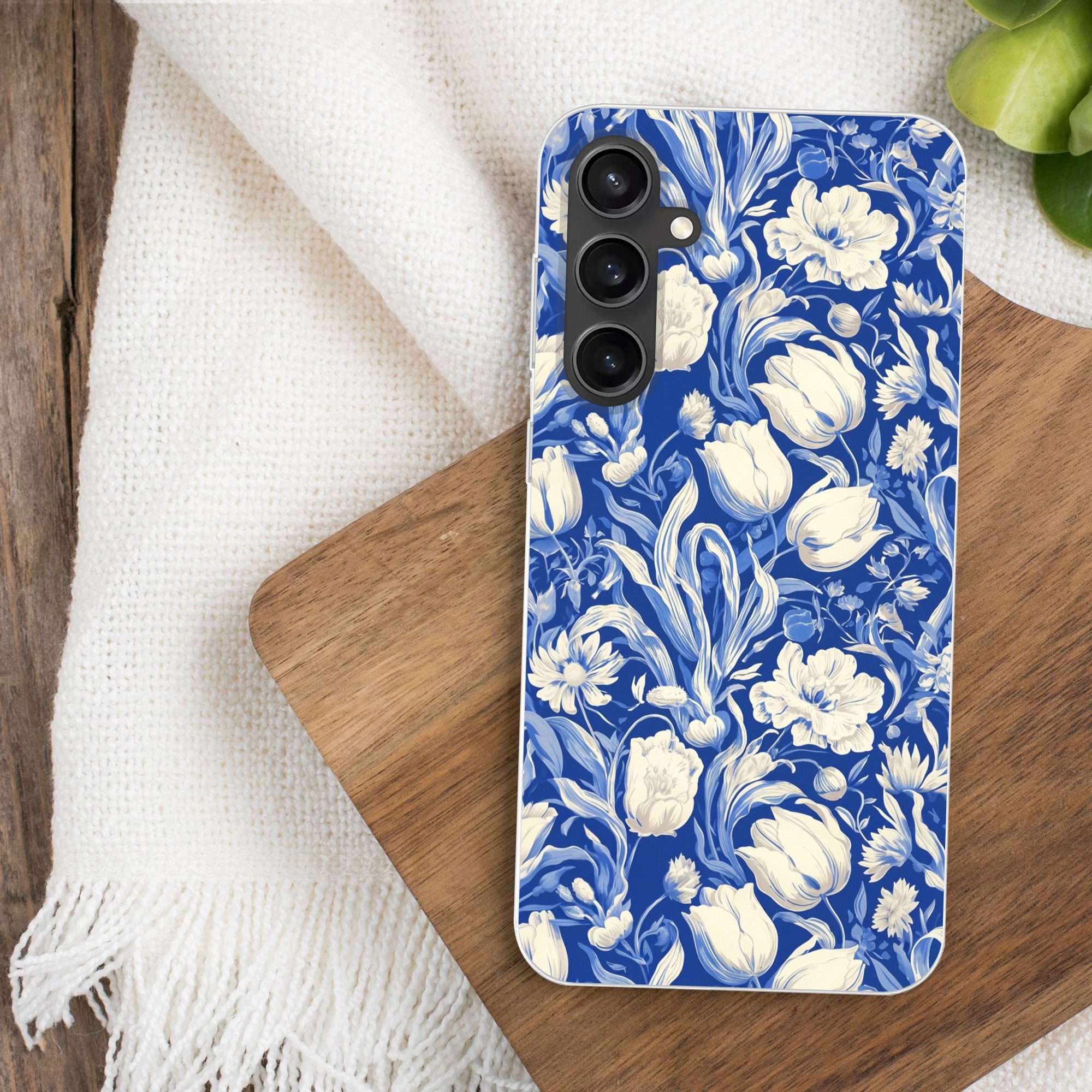 MuchoWow Handyhülle für Samsung Galaxy S23 FE Blumen - Delfter Blau - Muster - Tulpe
