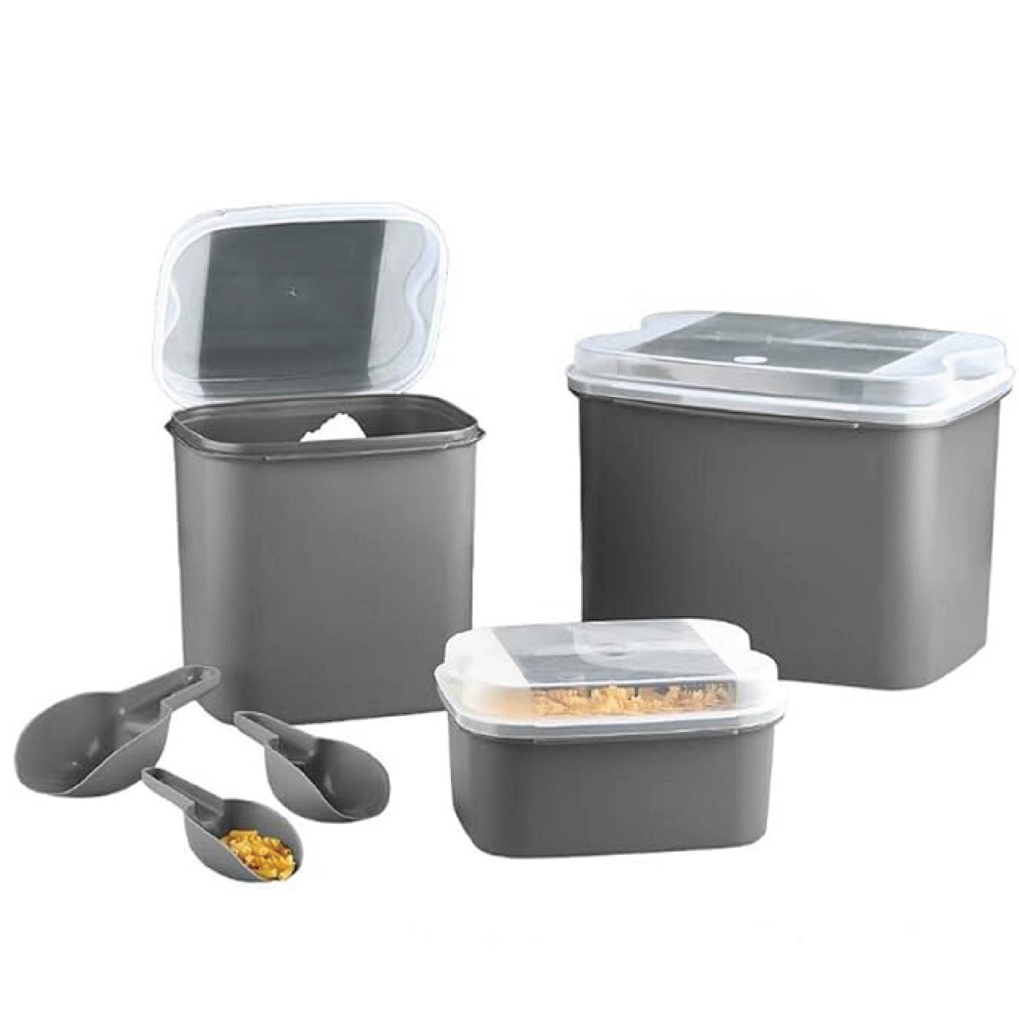 Vip Ahmet Vorratsdose Vorratsdosen Set, (3er Set, 10 L + 4.5 L + 1.6 L), Grau, Kunststoff, (3-tlg., 1x 1,6L Behälter, inkl. Messlöffel, 1x 10L Behälter, 1x 4,5L Behälter), mit Messlöffel