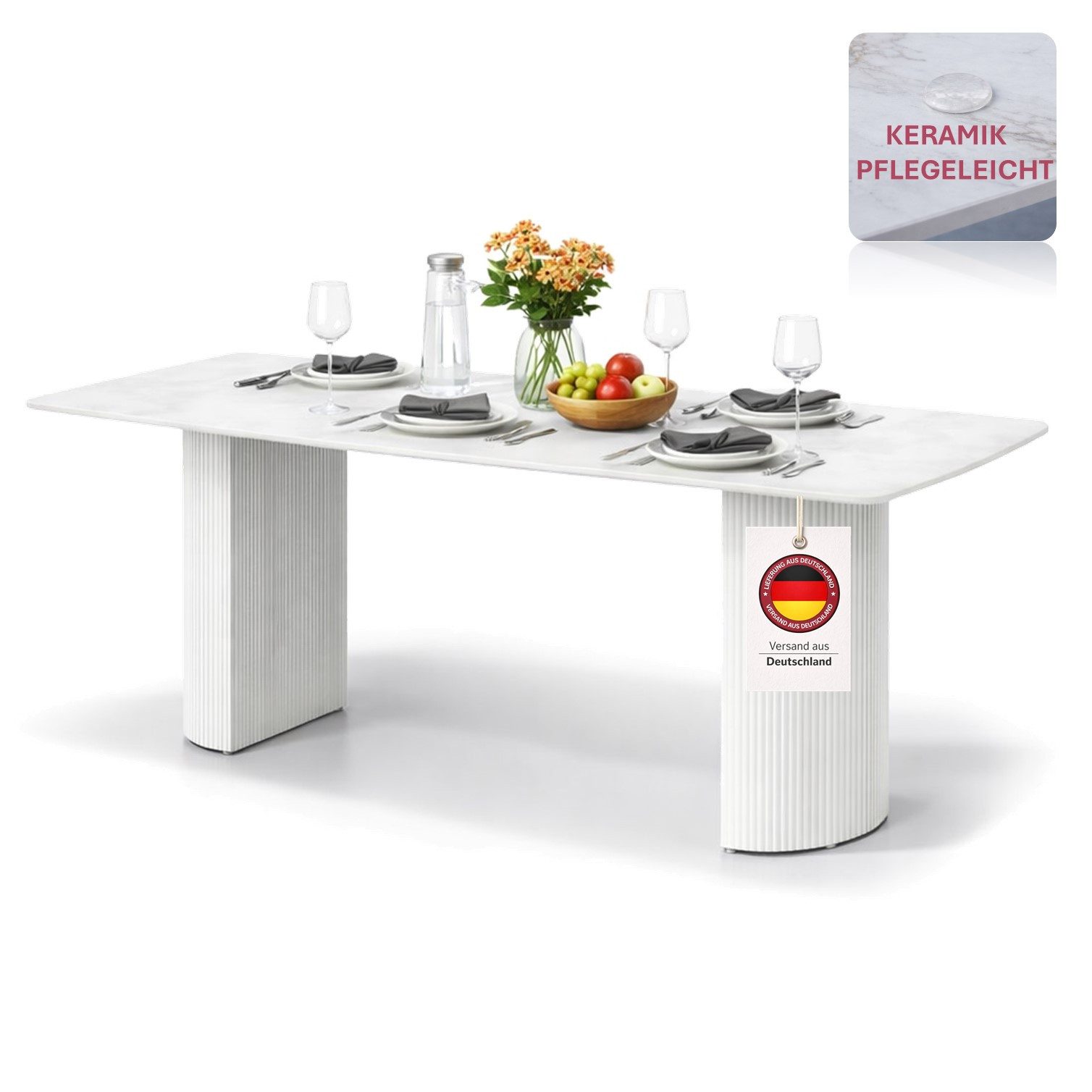 HOOZ Wohnzimmertisch Esstisch Set 180x90 cm Weiß – moderner Küchentisch, Keramik 8 Personen (Einzelprodukt, 1× Esstisch), Keramik-Tischplatte, Travertin-Optik (marmoriert), pflegeleicht