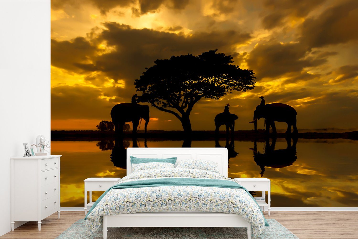 MuchoWow Fototapete Silhouette der thailändischen Elefanten bei Sonnenaufgang, Matt, bedruckt, (6 St), Wallpaper für Wohnzimmer, Schlafzimmer, Kinderzimmer, Vinyl Tapete