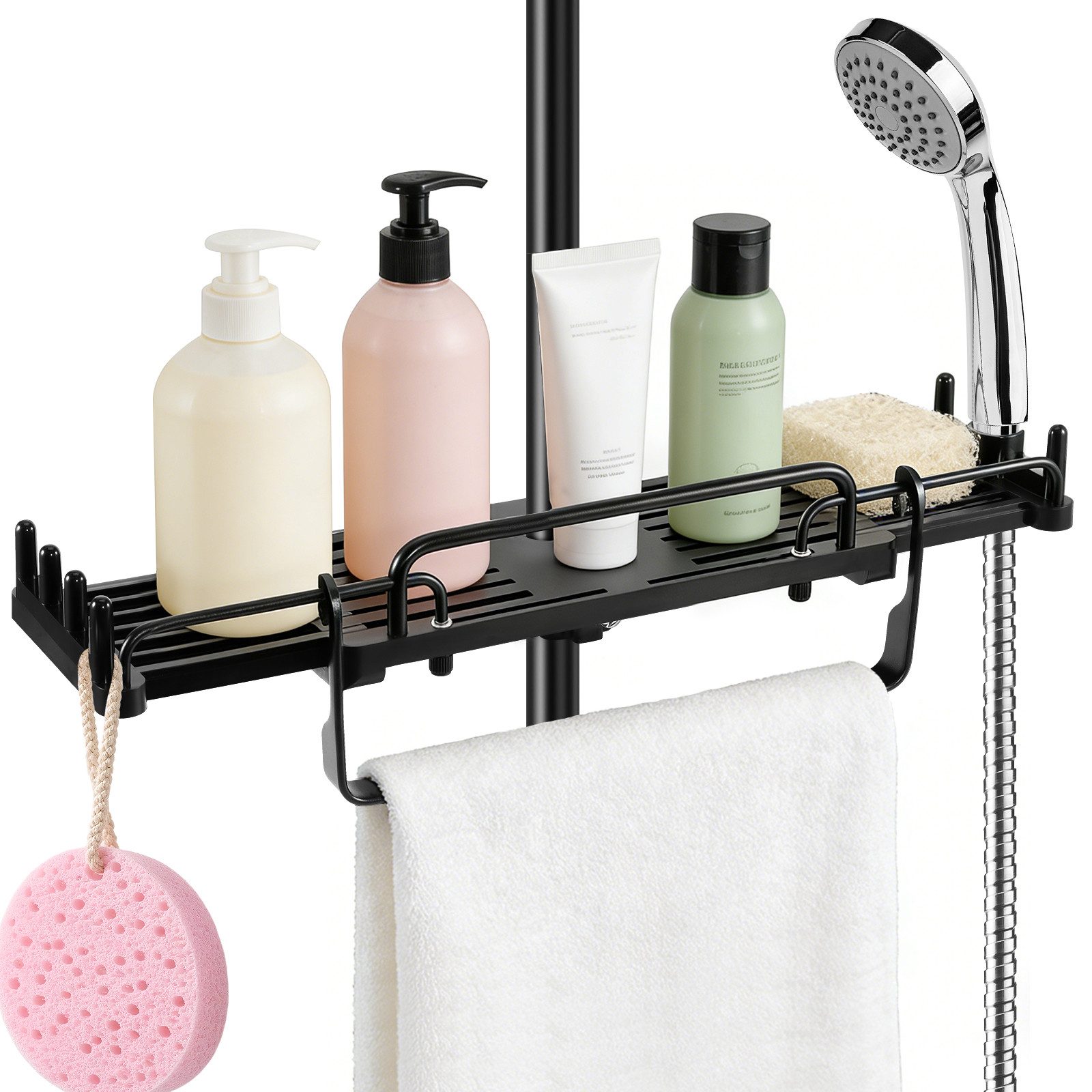 BlingBin Duschablage ohne Bohren Teleskop Duschablage für Duschstange (18–26mm) mit Haken, Teleskop Duschstangen-Aufbewahrungsregal 33-49.5cm 1-tlg., hängen Badezimmer Organizer mit Handtuchhalter Duschhalter