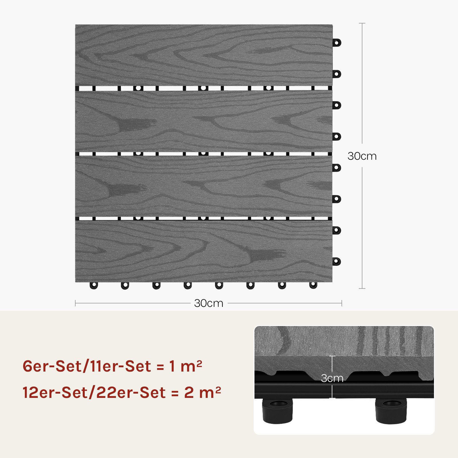 Woltu WPC-Fliesen, 22 St., Holzoptik Bodenbelag mit Klicksystem 30x30 cm 22 Stück
