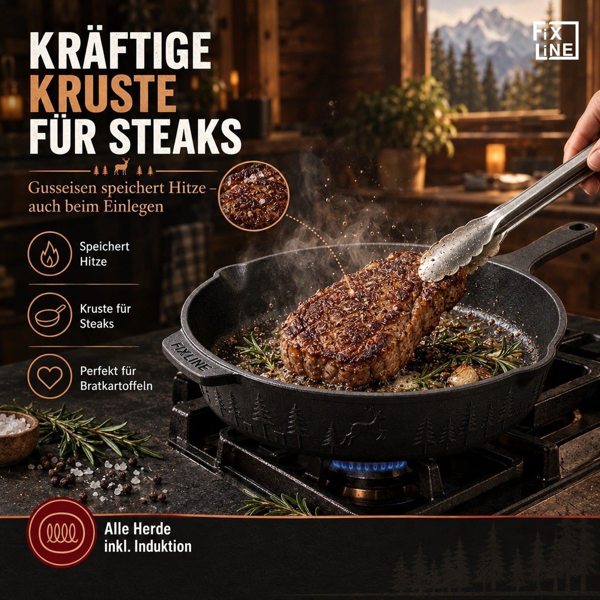 FIXLINE Bratpfanne Original Gusseisenpfanne 28cm Black Forest Edition - Emailliert, Gusseisen (Einzel, 1 Gusseisenpfanne), Emailliert, Black Forest Edition – Bild 2 von 5