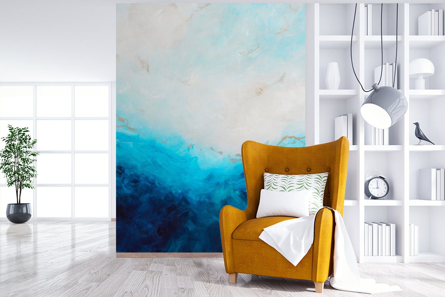 Matt, Abstrakt Meer - Farbe - Tapete bedruckt, Wohnzimmer, MuchoWow Vinyl Montagefertig Blau Gold, - für St), (4 Fototapete - Wandtapete