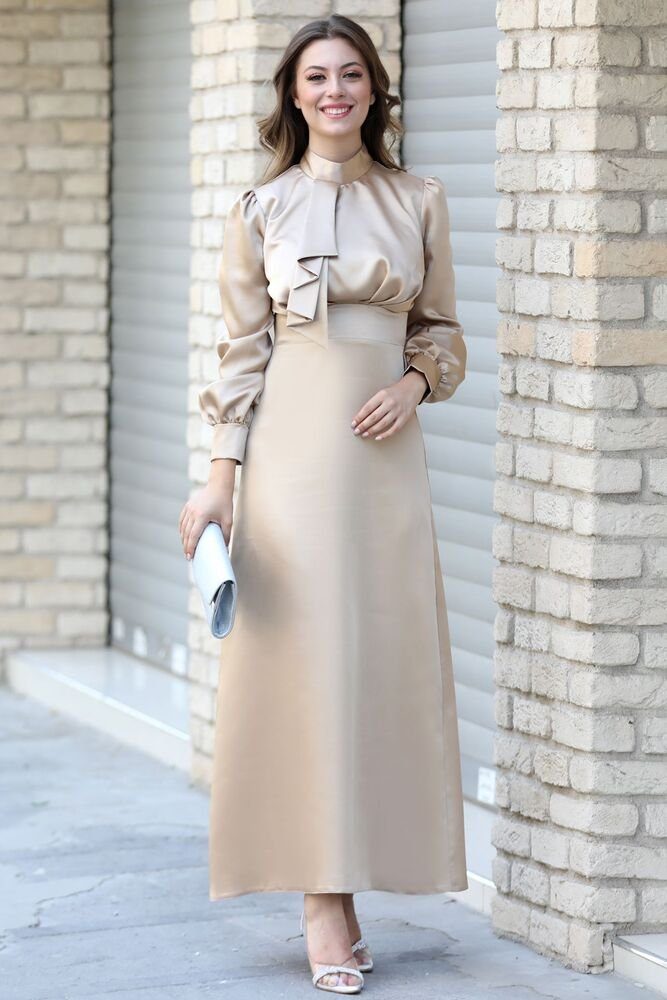 Modavitrini Satinkleid Damen Abendkleid Maxikleid Hijab Dress Abiye Abaya Modest Fashion Krawatten Detail Beige | Partykleider
