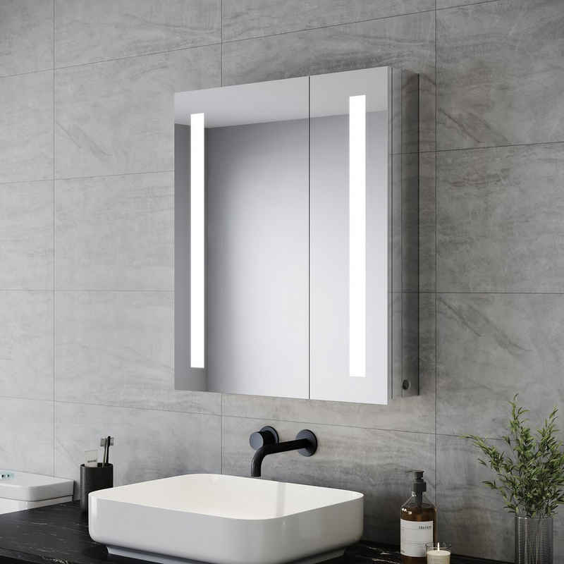 SONNI Badezimmerspiegelschrank spiegelschrank mit LED beleuchtung bad 60 cm breit 2-türig Edelstahl mit Kippschalter, Steckdose, verstellbare Einlegeböden, IP44