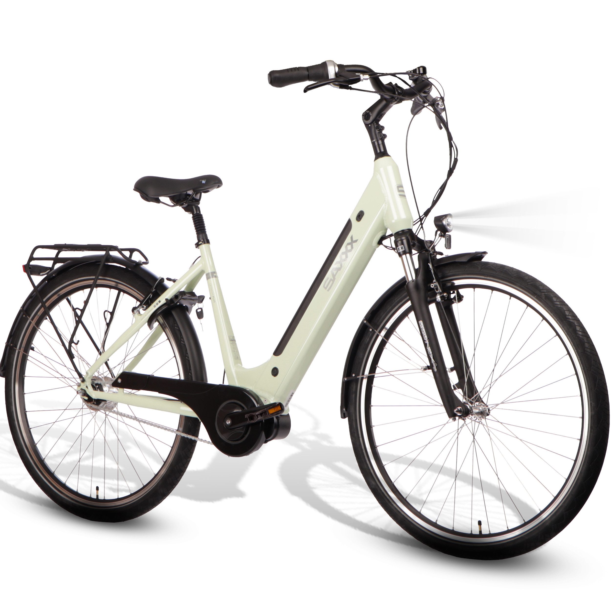 SAXXX E-Bike Cityrad 28'' für Damen Herren, 418Wh, SAXXX OP, 100km, 95 % vormontiert, 7 Gang Shimano Nexus Schaltwerk, Nabenschaltung, Mittelmotor, 418 Wh, (mit Akku-Schlüssel, mit Gepäckträger, V-Bremsen), Pedelec E-Citybike, Elektrofahrrad mit gefederter Sattelstütze