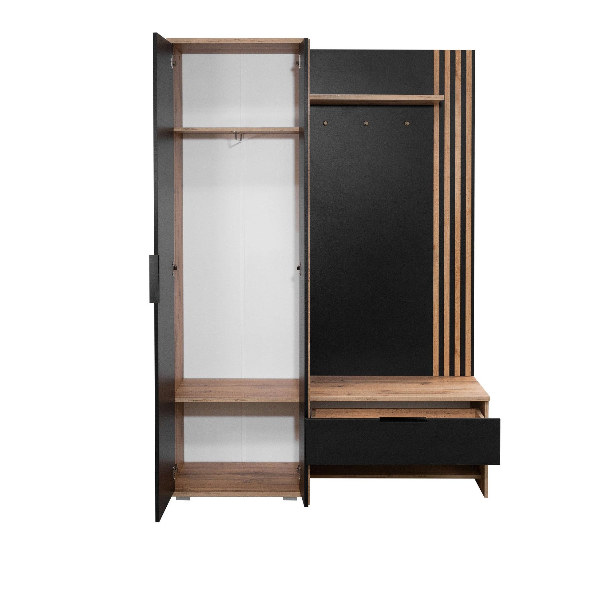 COMBO Kompaktgarderobe 140cm Garderobe Flur Sitzbank Schublade Haken Lamellen modern (Schrankmodul Kleiderstange 2 Regalböden 4 Haken) Komplett Flurgarderobe Si – Bild 3 von 4