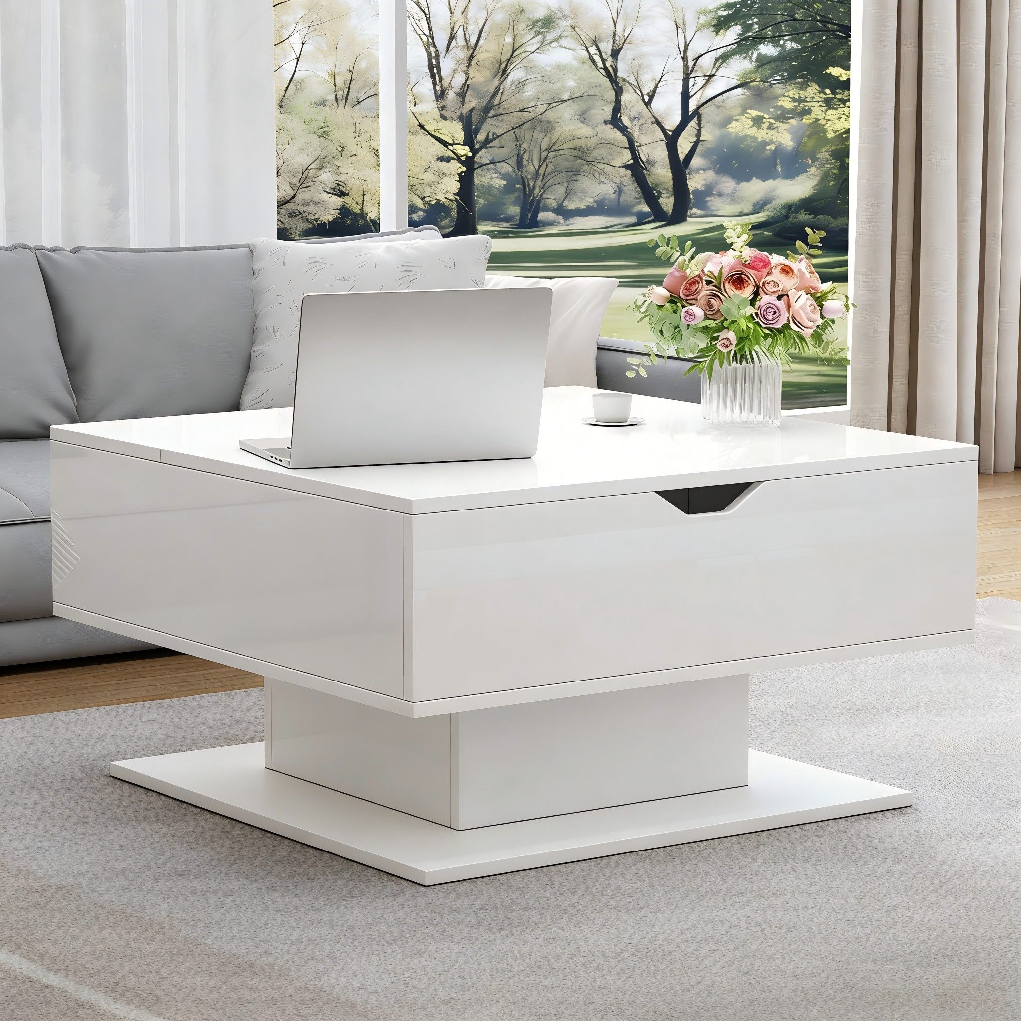 REDOM Couchtisch 80x77x40 cm mit LED-Beleuchtun (Kaffeetisch mit Versteckter Stauraum und halboffener Stauraum, 1-St., mit LED-Lichtstreifen), Hochglanz-Sofatisch, 80*77*40cm