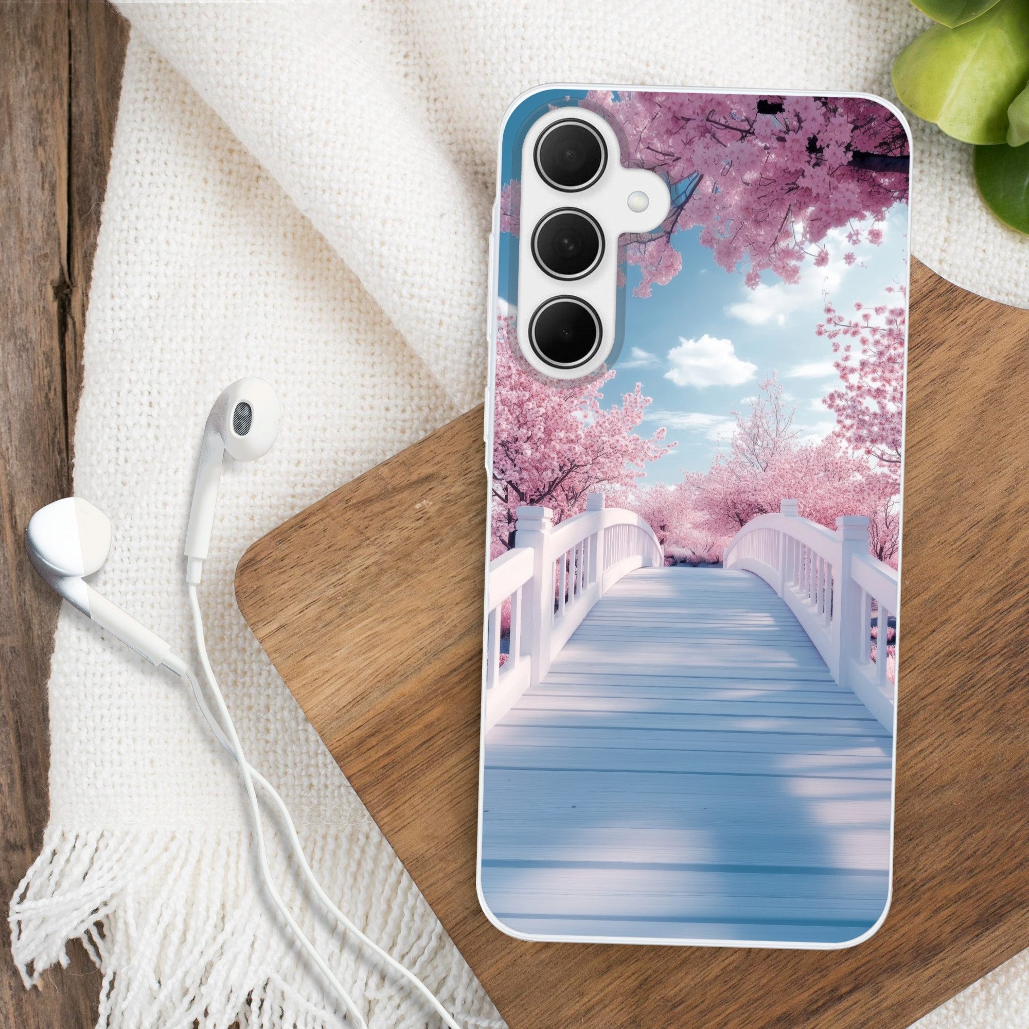 MuchoWow Handyhülle für Samsung Galaxy A35 5G Brücke - Kirschbäume - Weiß, Smartphone-Bumper, Print, Handy Schutzhülle Dünn