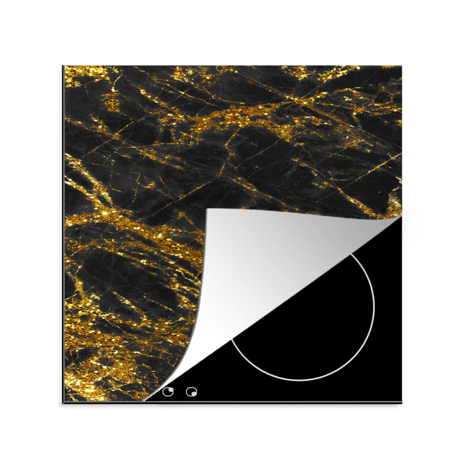 MuchoWow Herdblende-/Abdeckplatte Marmor - Schwarz - Gold - Glitter, Vinyl, (1 tlg), 78x78 cm, Ceranfeldabdeckung, Arbeitsplatte für küche