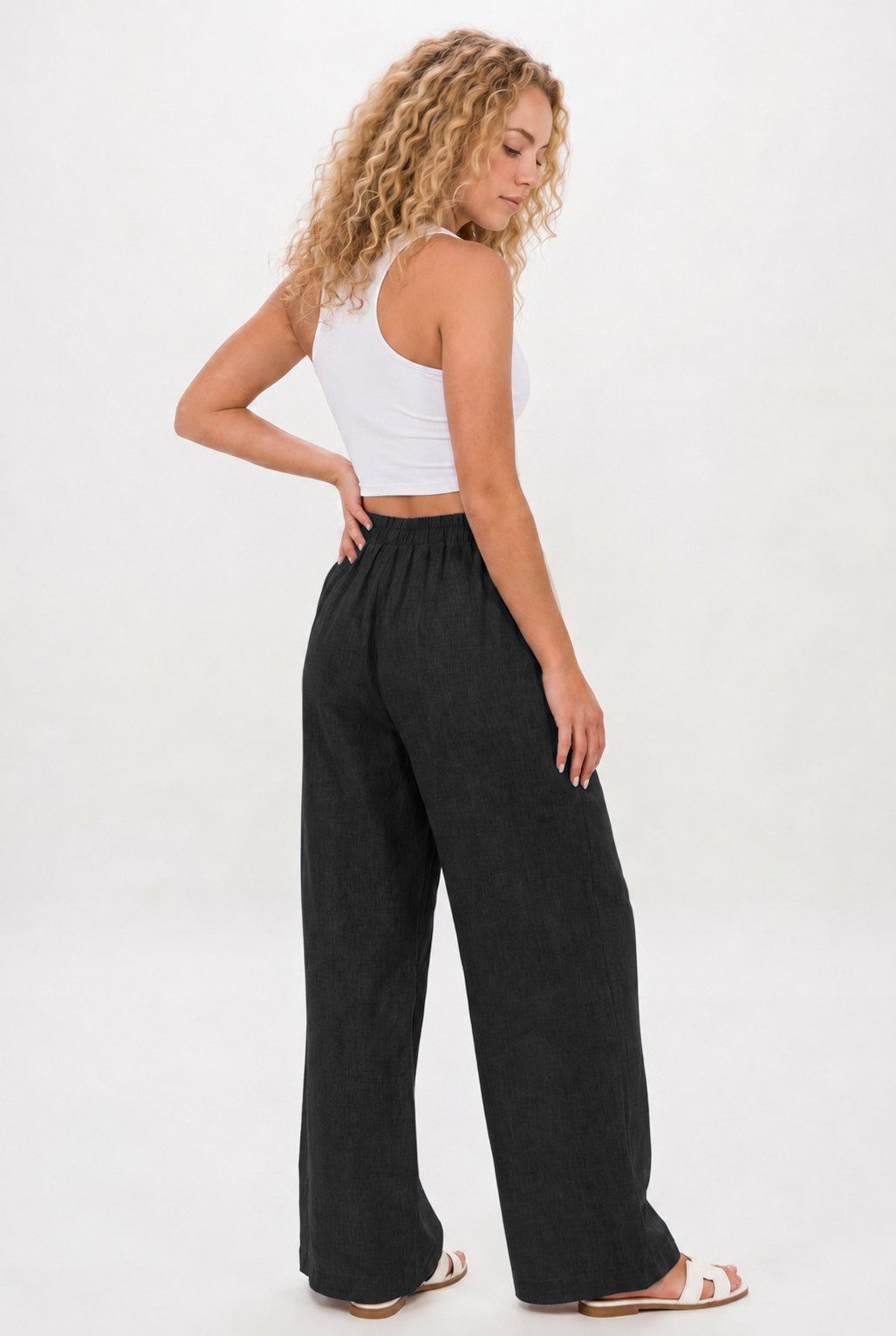 Kendindza Collection Leinenhose Sommerhose Damen leicht Locker weite Leinenhose Sommer Hose lang 100% Leinen, elastischer Gummibund, weites Bein Palazzo-Schnitt – Bild 4 von 4