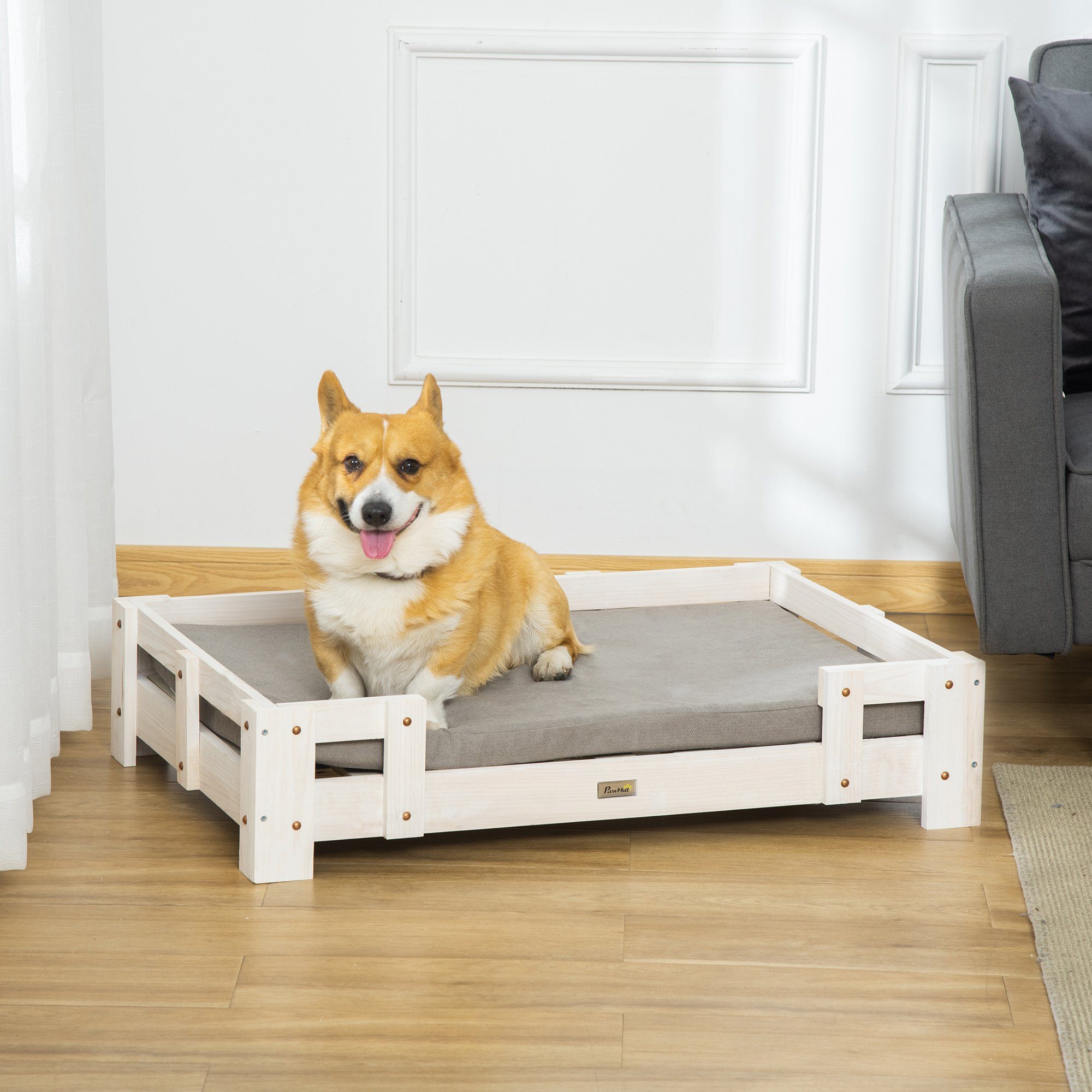 Thumbnail - PawHut Tierbett Hundesofa Katzensofa Hundecouch Hundebett, Chenille, Weiß+Grau 90 x 60 x 20 cm