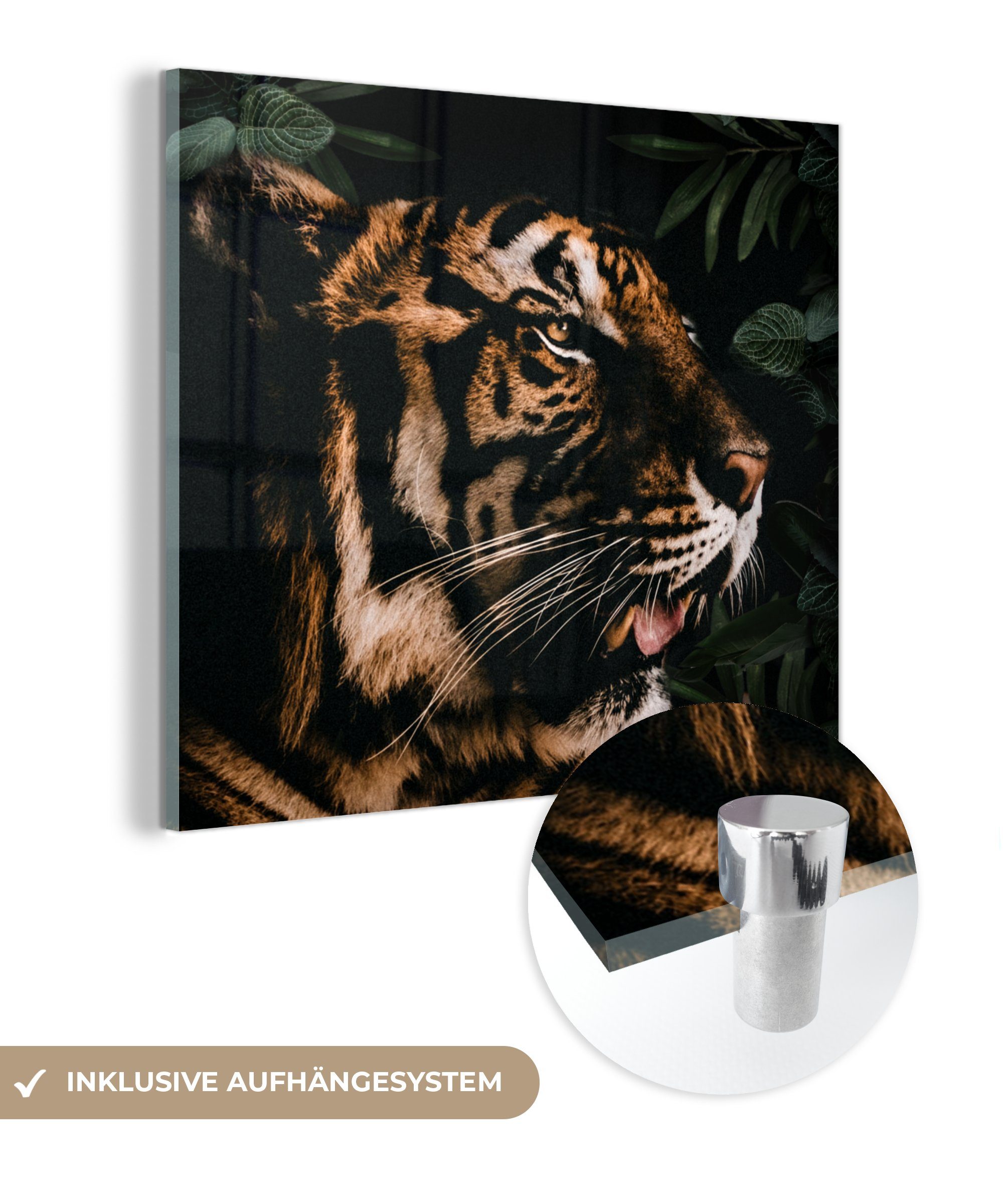MuchoWow Acrylglasbild Tiger - Blätter - Tier, (1 St), Glasbilder - Bilder auf Glas Wandbild - Foto auf Glas - Wanddekoration