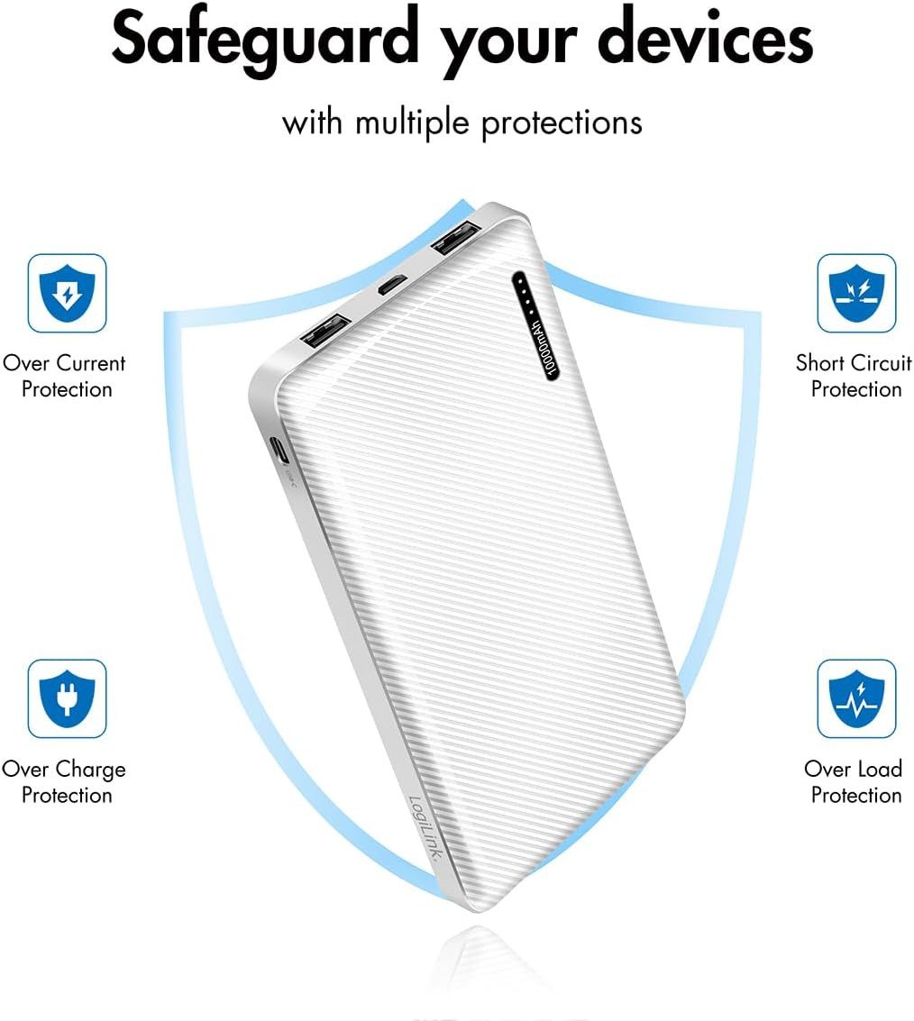 LogiLink Powerbank 10000mAh USB C 3 Geräte LED Ladeanzeige Powerbank Powerbank mit USB Anschlüssen 10000 mAh (5 V), 10000mAh USB C LED Anzeige 3 Geräte gleichzeitig kompakt