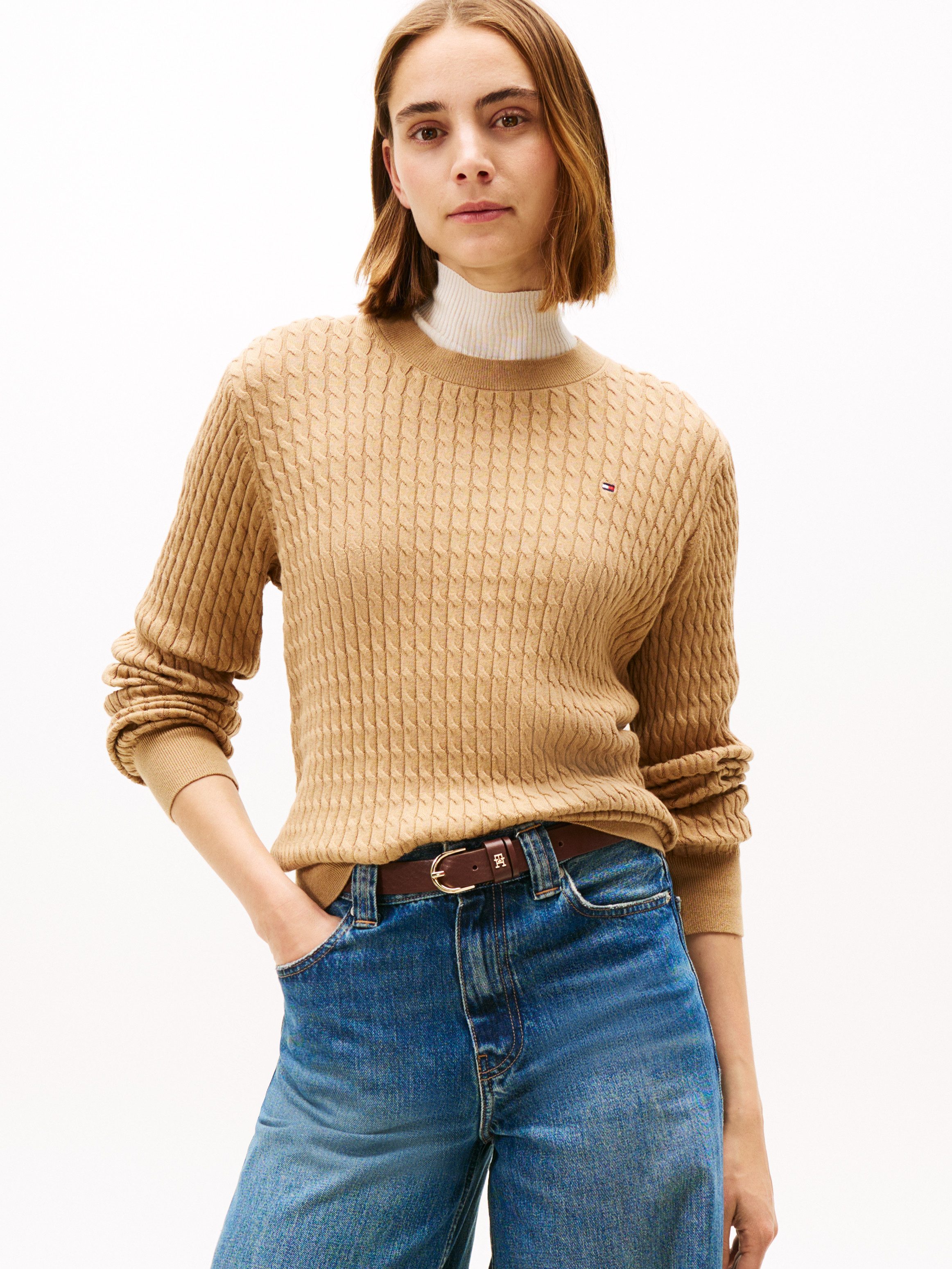 Tommy Hilfiger Rundhalspullover CO CABLE C-NK LS SWEATER Baumwolle, mit Zop günstig online kaufen