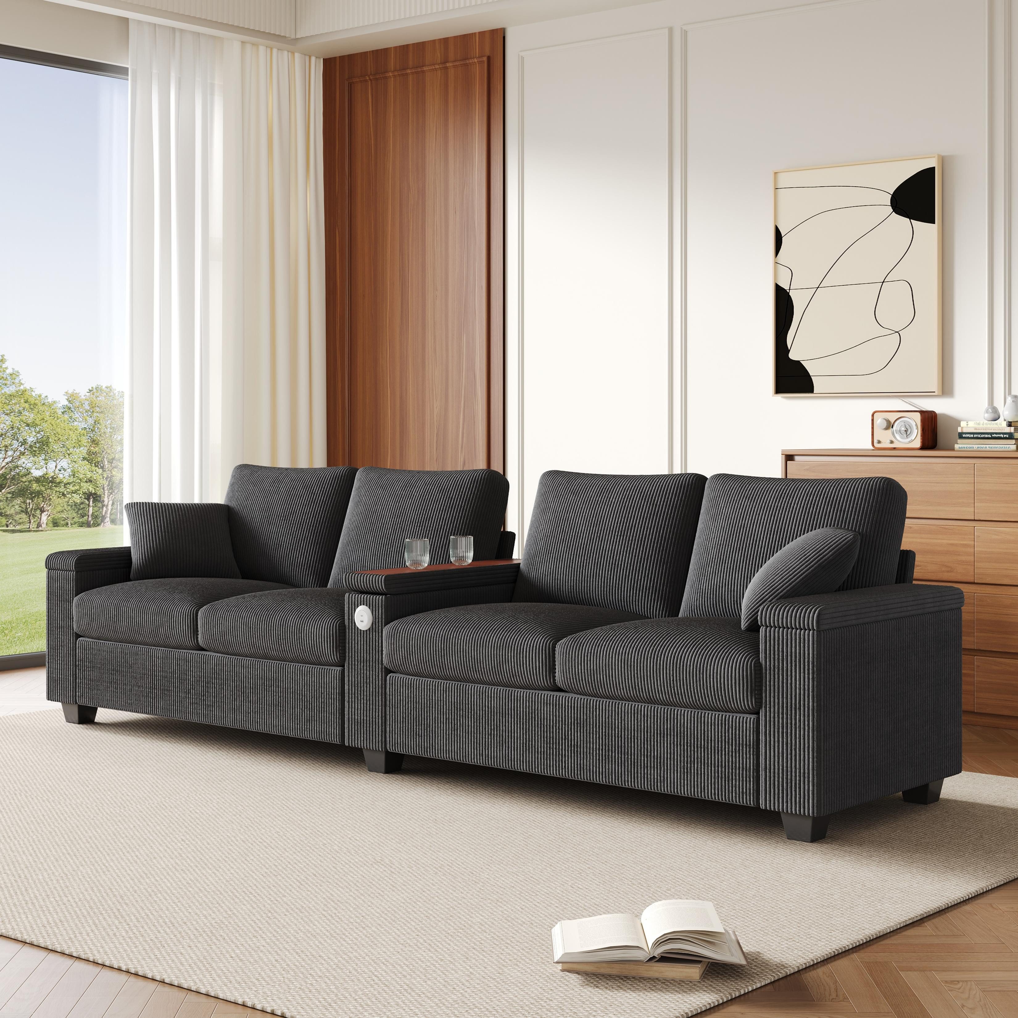 Odikalo Sofa 4-Sitzer Big-Sofa mit USB Armlehne und Stauraum, Cord, Wohnzimmer Sofa mit USB/USB-C Ladefunktion, klappbarer Mittelarmlehne, verstecktem Stauraum, bequemes Sofa für Büro und Zuhause