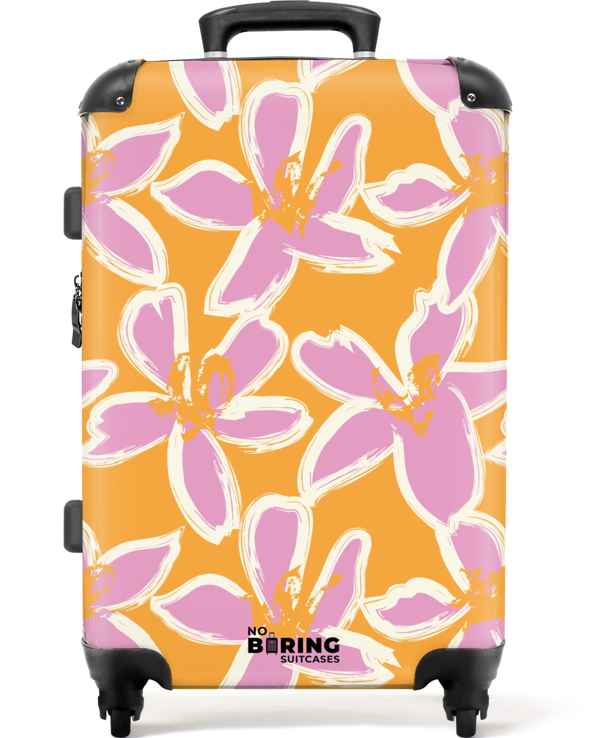 NoBoringSuitcases.com© Hartschalen-Trolley Orange mit rosa Blüten günstig online kaufen