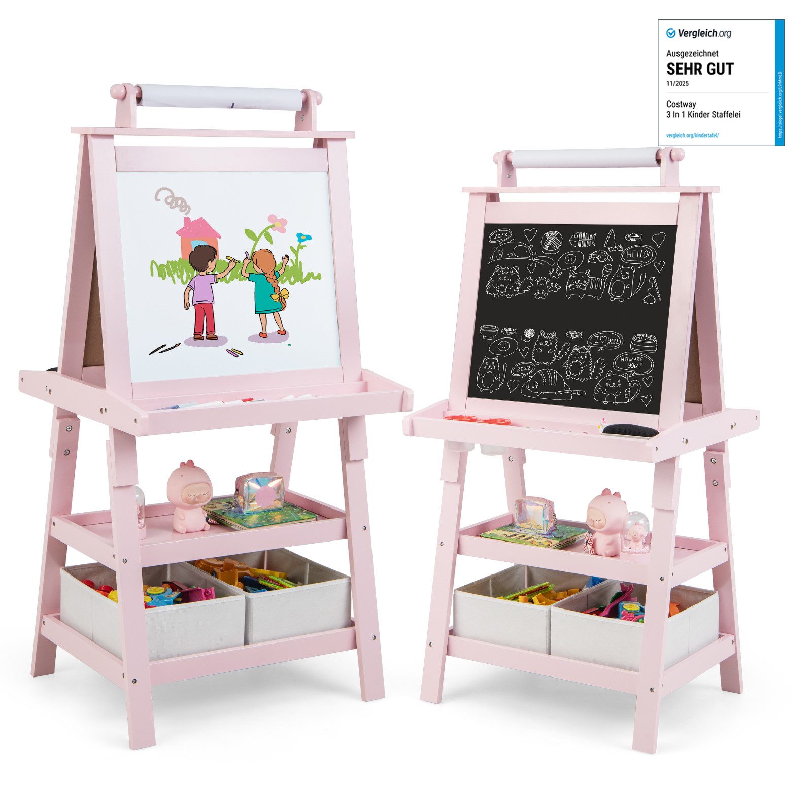 COSTWAY Standtafel Kinder Staffelei, doppelseitig, mit Magneten & 2 Boxen