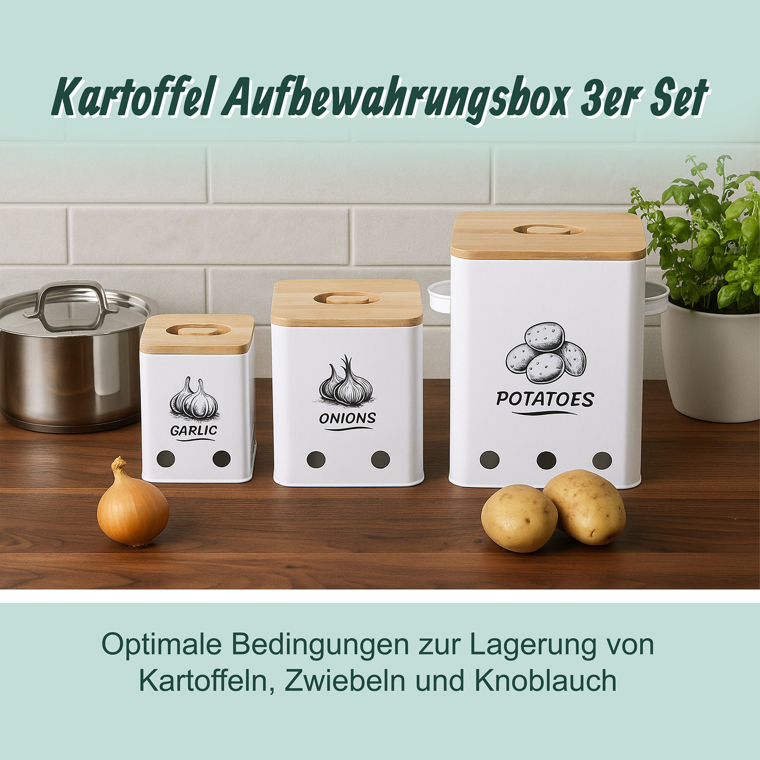 relaxdays Vorratsdose Kartoffel Aufbewahrungsbox 3er Set, Eisen, (3-tlg), weiß – Bild 3 von 5
