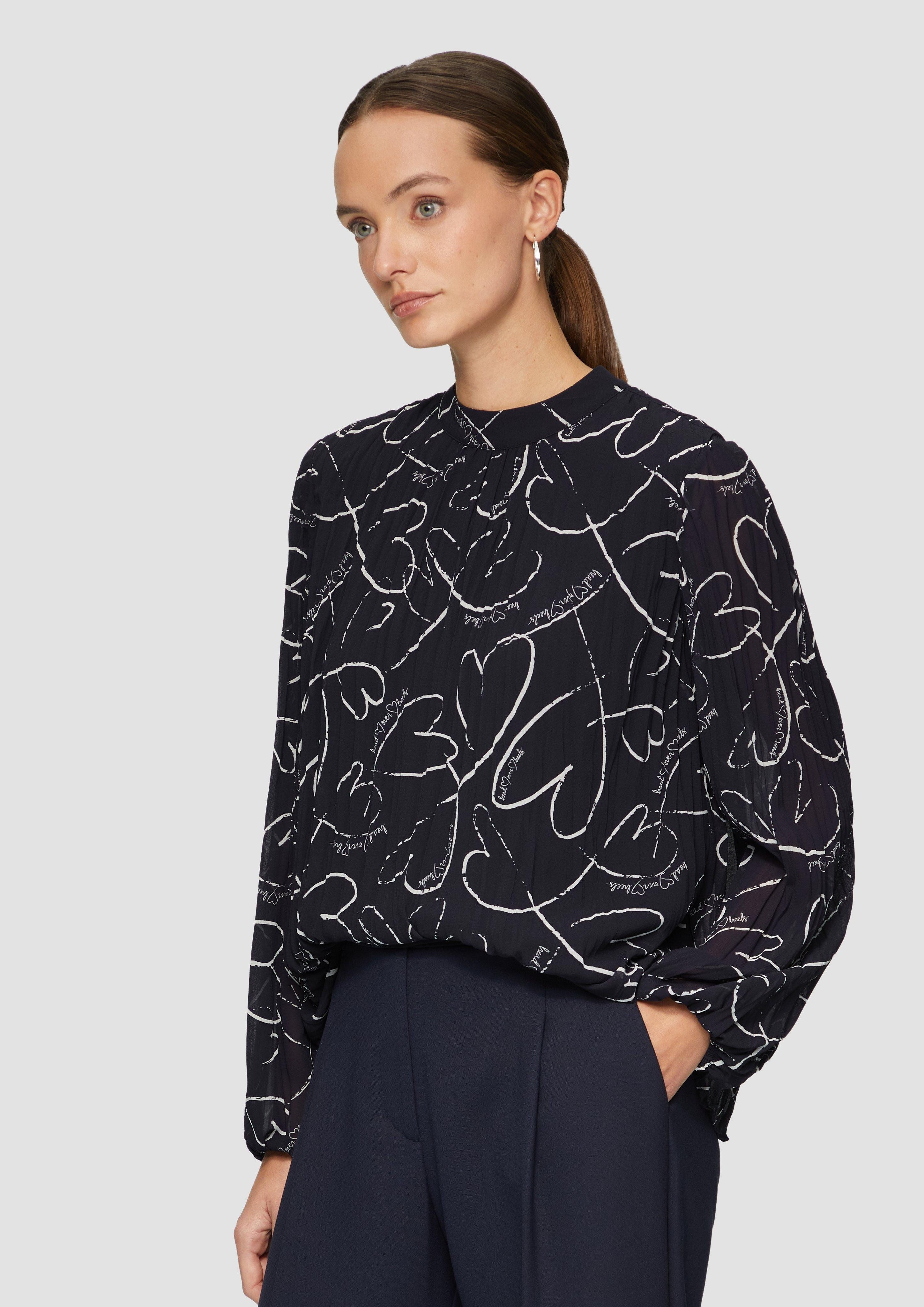 Langarmbluse Plissierte Chiffonbluse mit Herz-Print