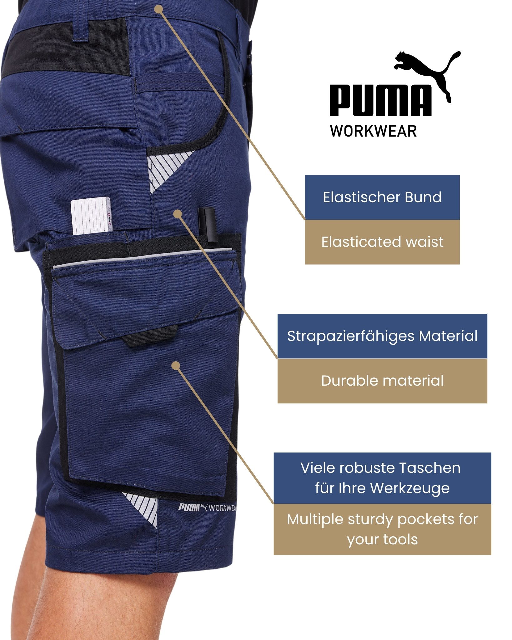 PUMA Workwear Arbeitsshorts PRECISION X - kurze Arbeitshose Herren - Bequeme Passform Robustes und flexibles Material mit Reflektoren - Praktische Taschen