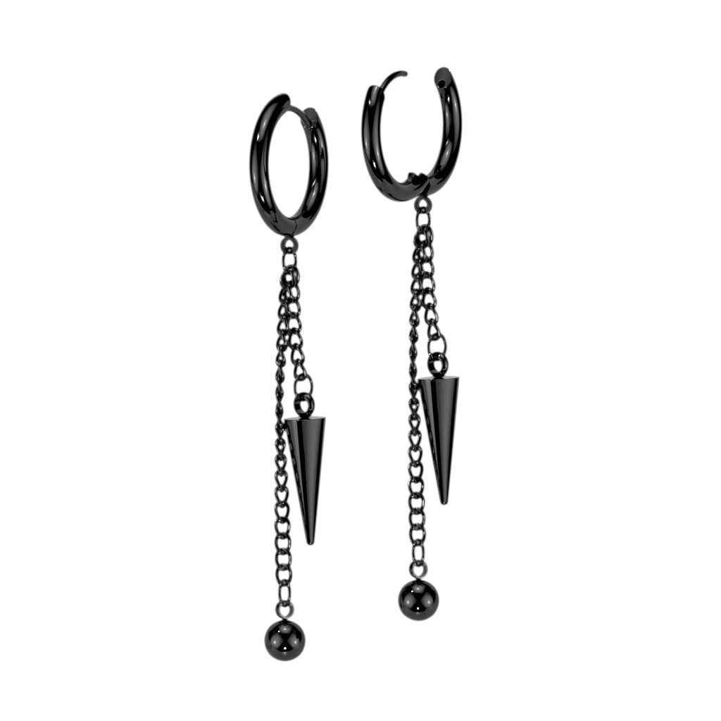 BUNGSA Creolen-Set Creolen mit zwei Ketten-Anhängern Kugel Kegel Edelstahl Damen Schwarz (1 Paar (2 Stück), 2-tlg), Ohrschmuck Ohrringe