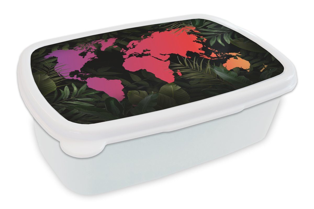 MuchoWow Lunchbox Weltkarte - Farben - Pflanzen, Kunststoff, (2-tlg), Brotbox für Kinder und Erwachsene, Brotdose, für Jungs und Mädchen weiß