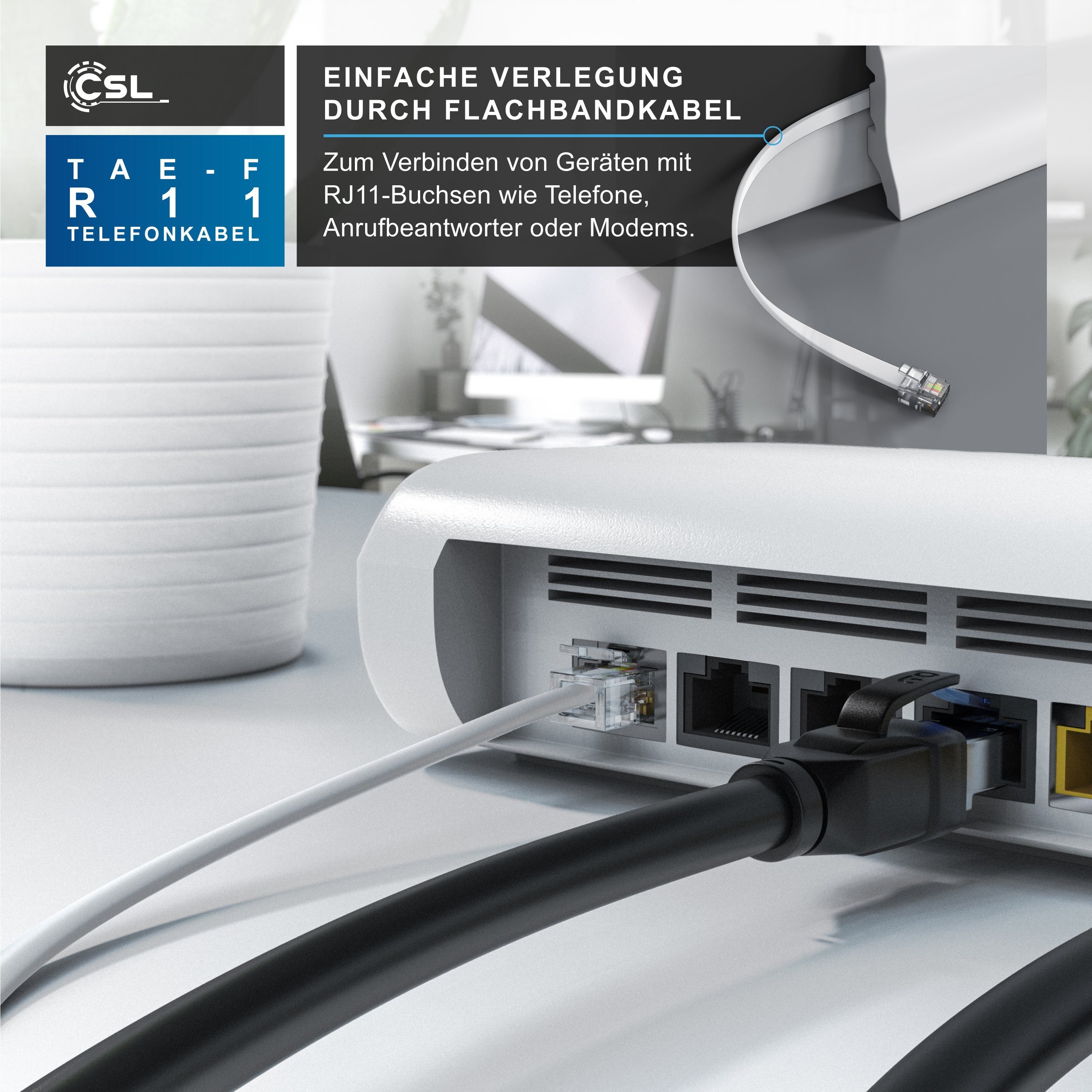 CSL Flachkabel TAEF Telefondose zu Telefon Fax Anrufbeantworter flach 0,5m Telefonkabel, TAE-F, RJ-11 (50 cm), für Router, Fritzbox und Telefondose, für DSL und – Bild 5 von 5
