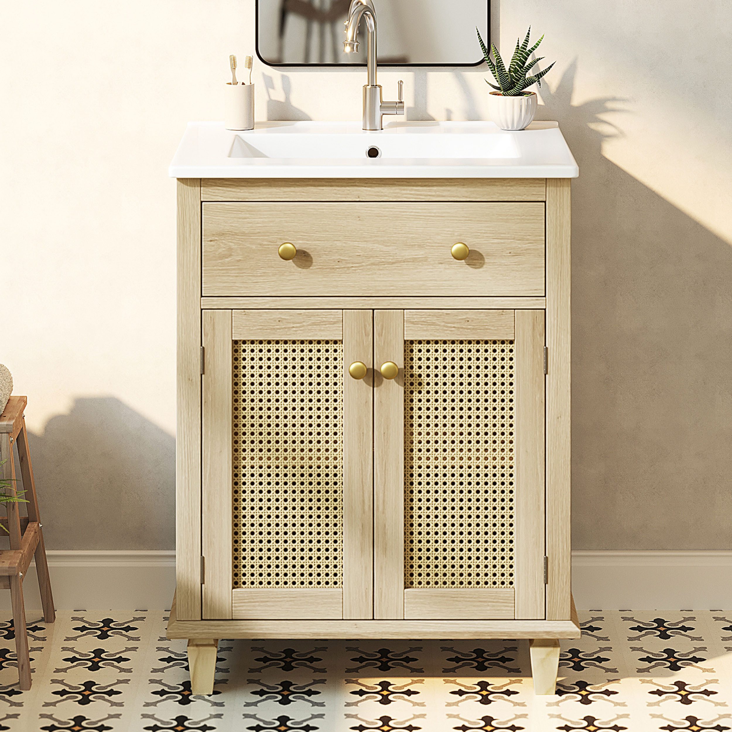 Merax Waschtisch Waschbeckenunterschrank mit Klappschublade inkl. Waschbecken (Badmöbel-Set im Landhausstil Holzoptik, 1-St), Badzimmerschrank mit 2 Rattan Türen & höhenverstellbaren Einlegeböden