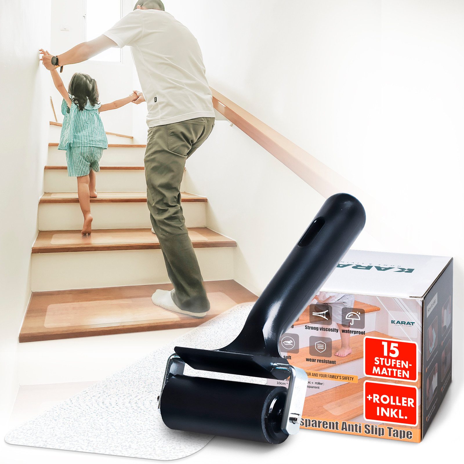 Kubus Antirutsch-Aufkleber für Treppen Ricka, Strukturierte Oberfläche, B: 10 cm, L: 60 cm, 15er Set inklusive Montageroller