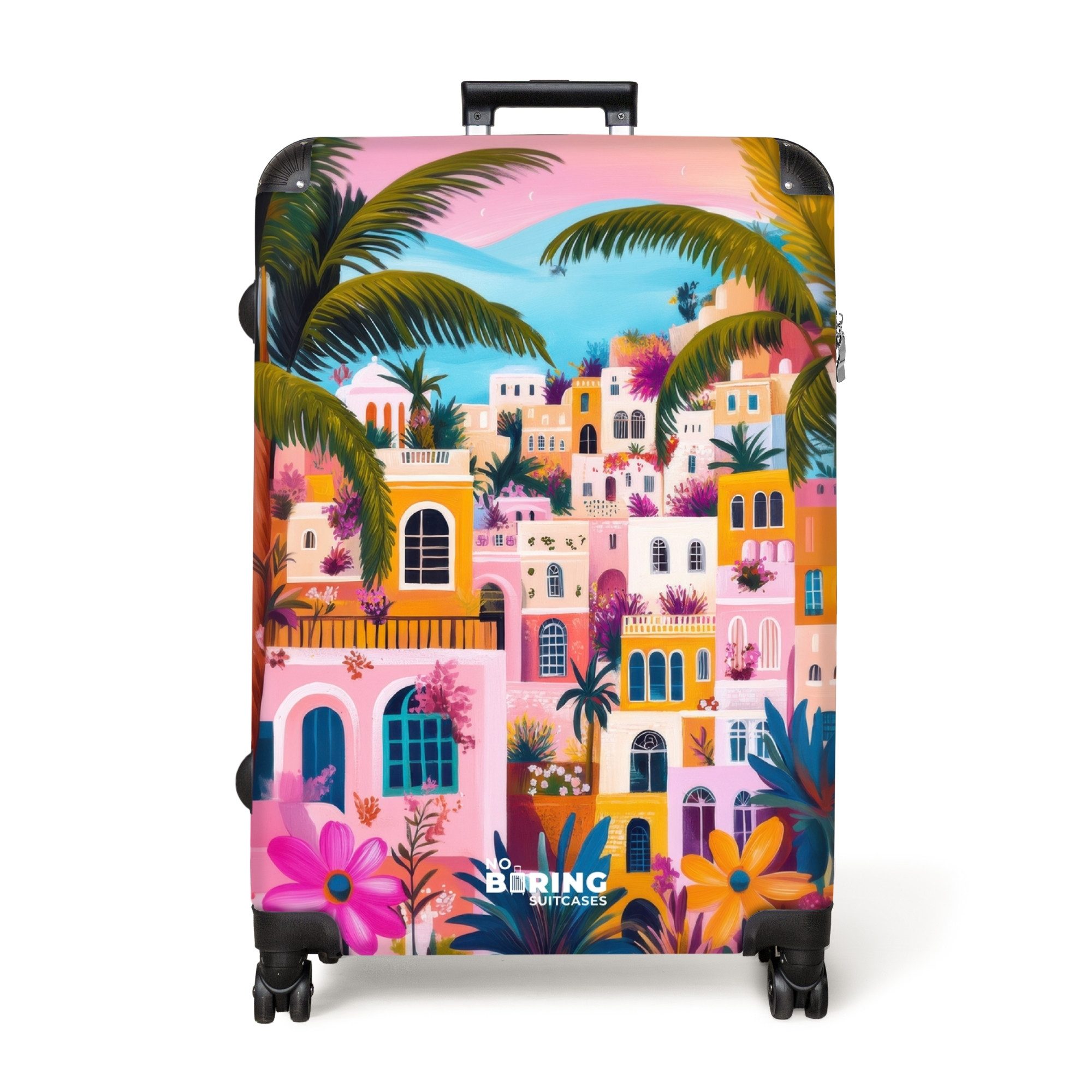 NoBoringSuitcases.com© Hartschalen-Trolley Bunte Stadt mit Palmen günstig online kaufen