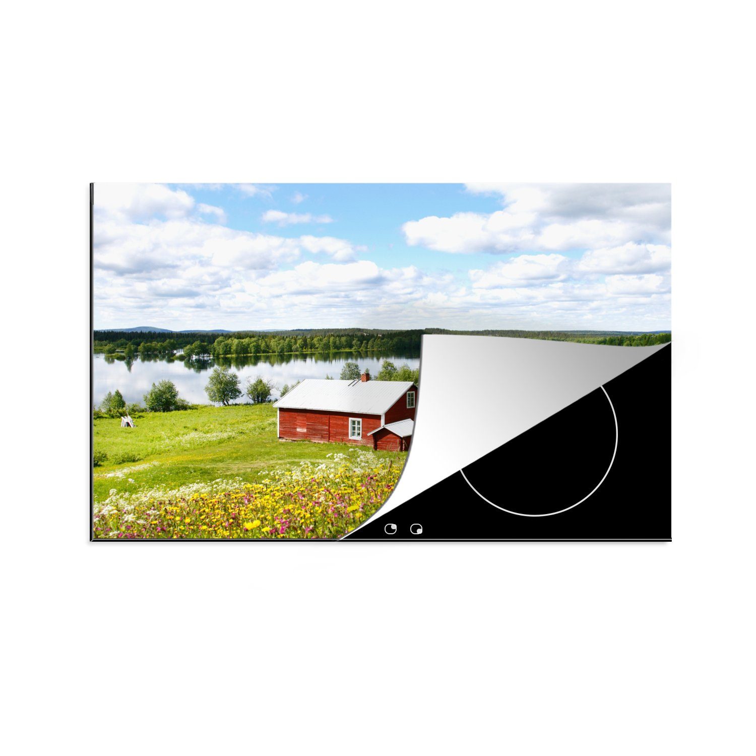 MuchoWow Herdblende-/Abdeckplatte Typische norwegische Häuser an einem Sommertag in Lappland, Vinyl, (1 tlg), 81x52 cm, Induktionskochfeld Schutz für die küche, Ceranfeldabdeckung