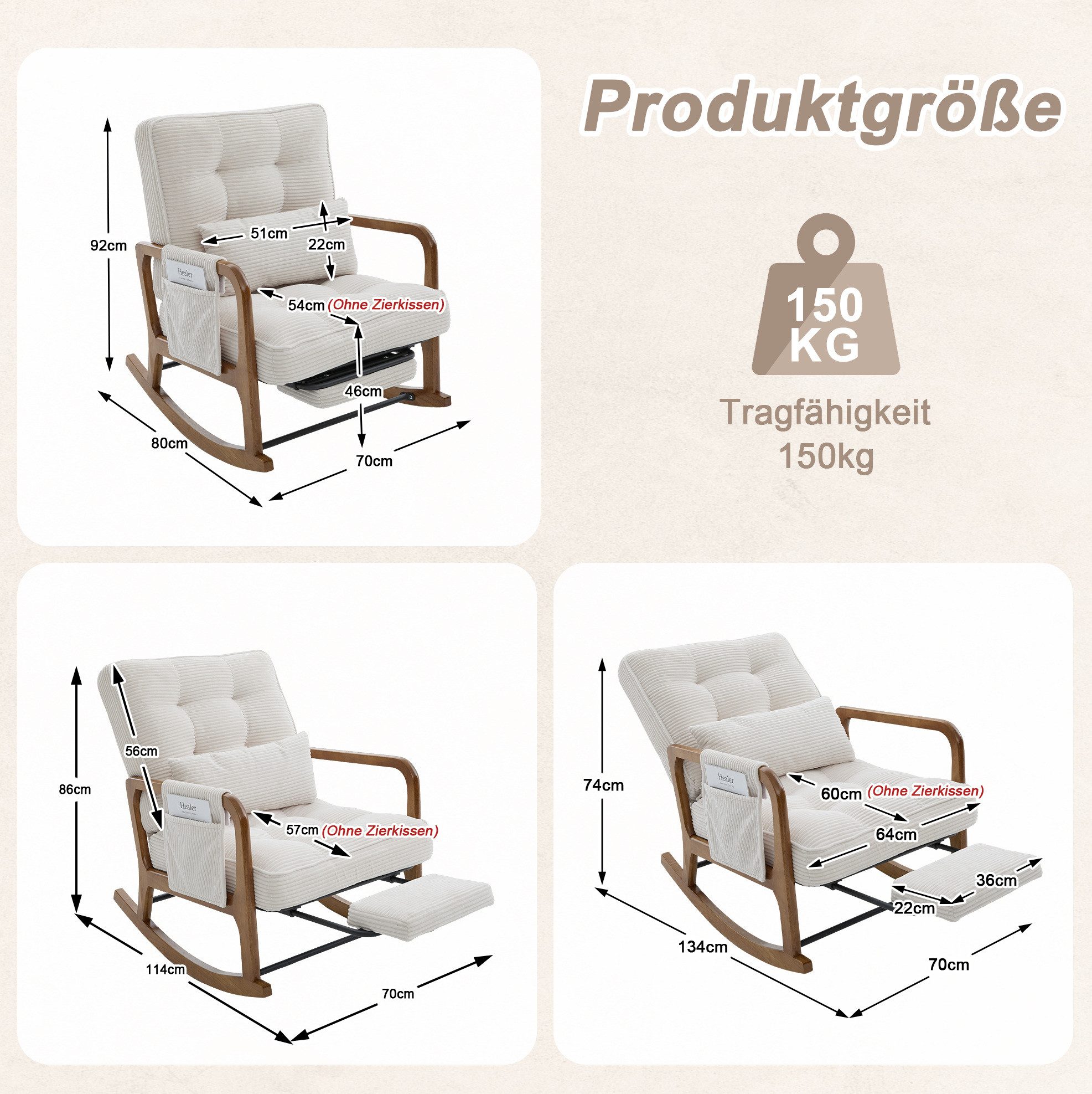 OKWISH Loungesessel Schaukelstuhl (mit verstellbarer Lehne, Fußstütze und praktischen Seitentaschen), Relaxsessel Polstersessel