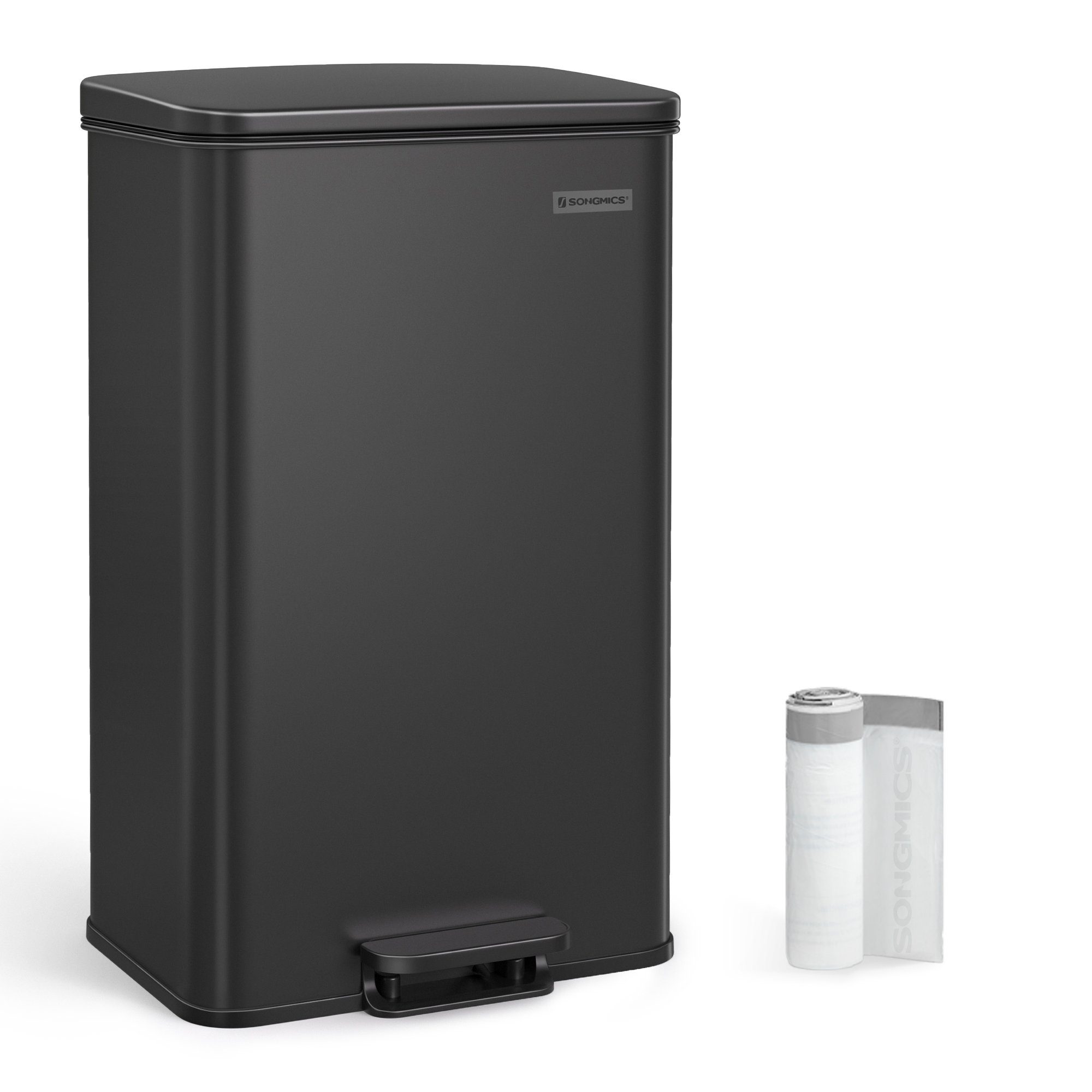 SONGMICS Mülleimer Küche, Abfalleimer, großer Tretmülleimer, mit Deckel, aus Stahl, Softclose, inklusive 15 Müllbeutel, 40 Liter