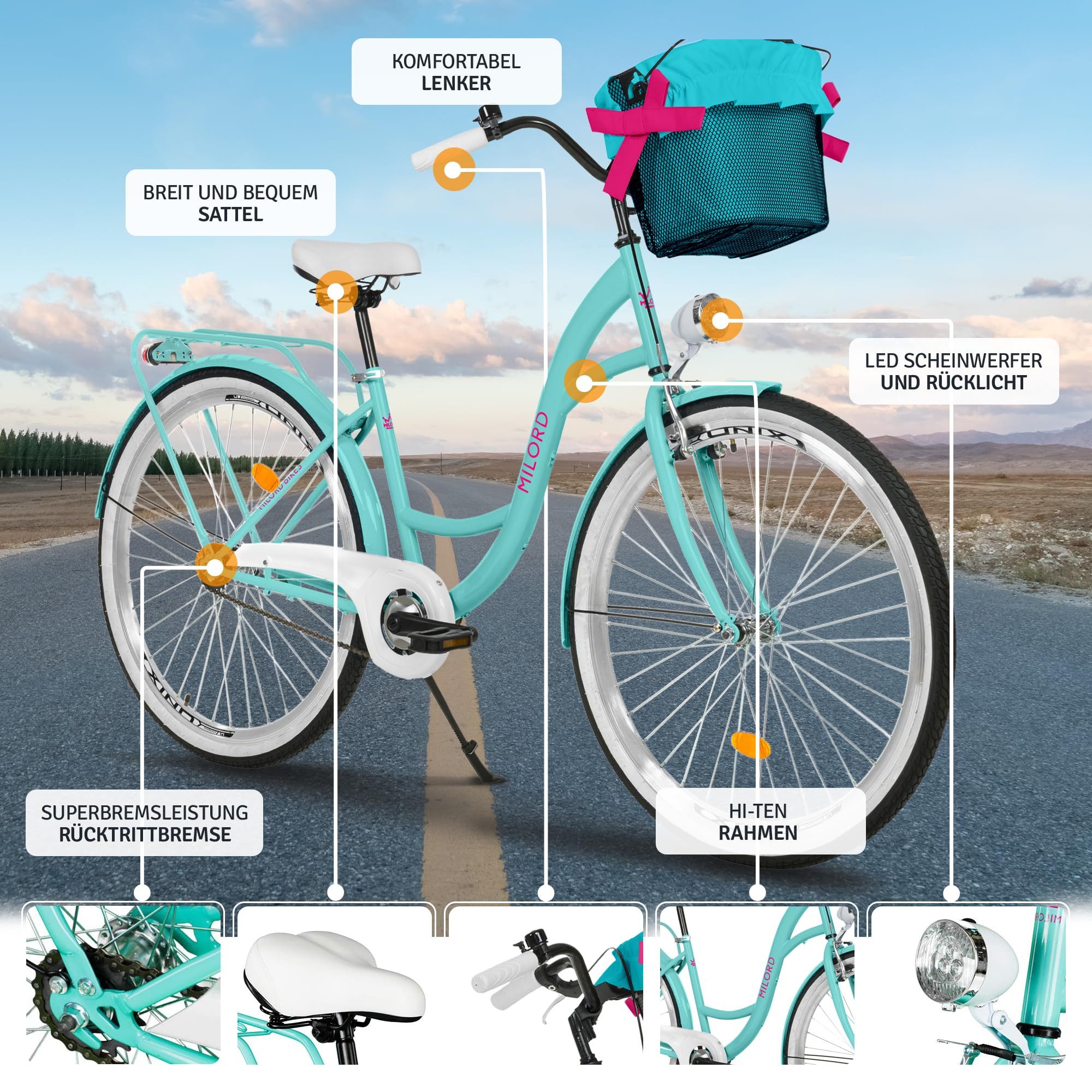 Milord Cityrad Milord City Fahrrad Korb Retro Damenfahrrad, 28/26 Zoll, Blau, 1-Gang, 1 Gang, (Fahrradständer, Gepäckträger, Klingel, Korb, Kotflügel)