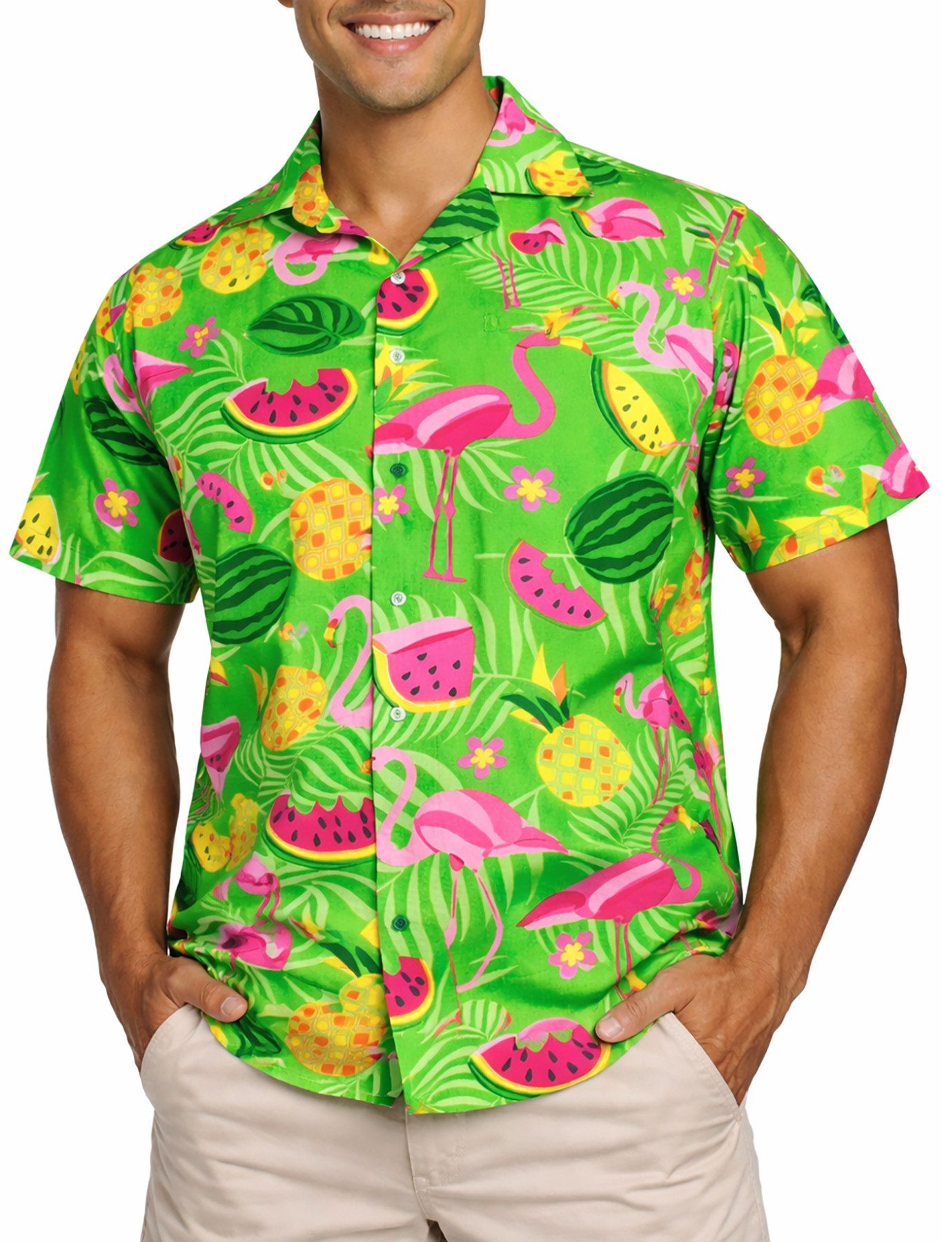 King Kameha Hawaiihemd "Flamingo Melone" Funky Hawaiihemd Herren Kurzarm Fronttasche Stylish