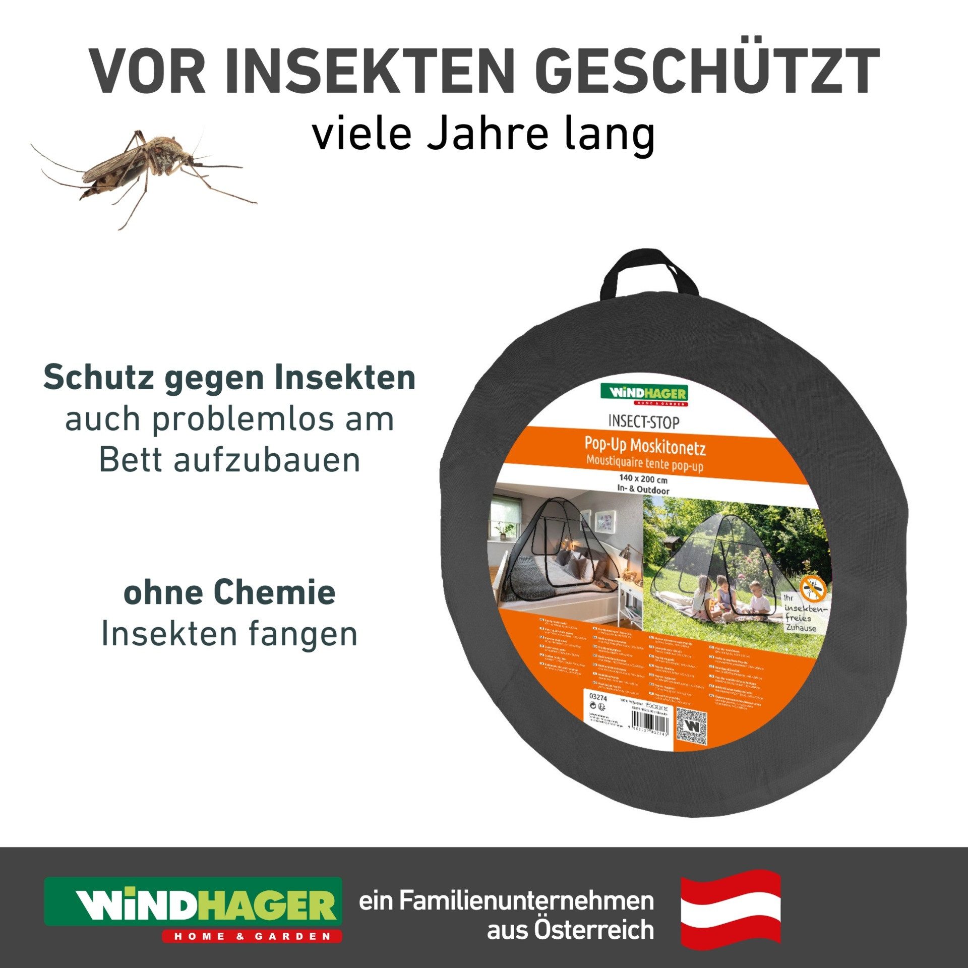 Windhager Moskitonetz Pop up, Insektenschutz-Zelt für Indoor und Outdoor geeignet (1 St), Mückenschutz erhältlich in unterschiedlichen Maßen, anthrazit