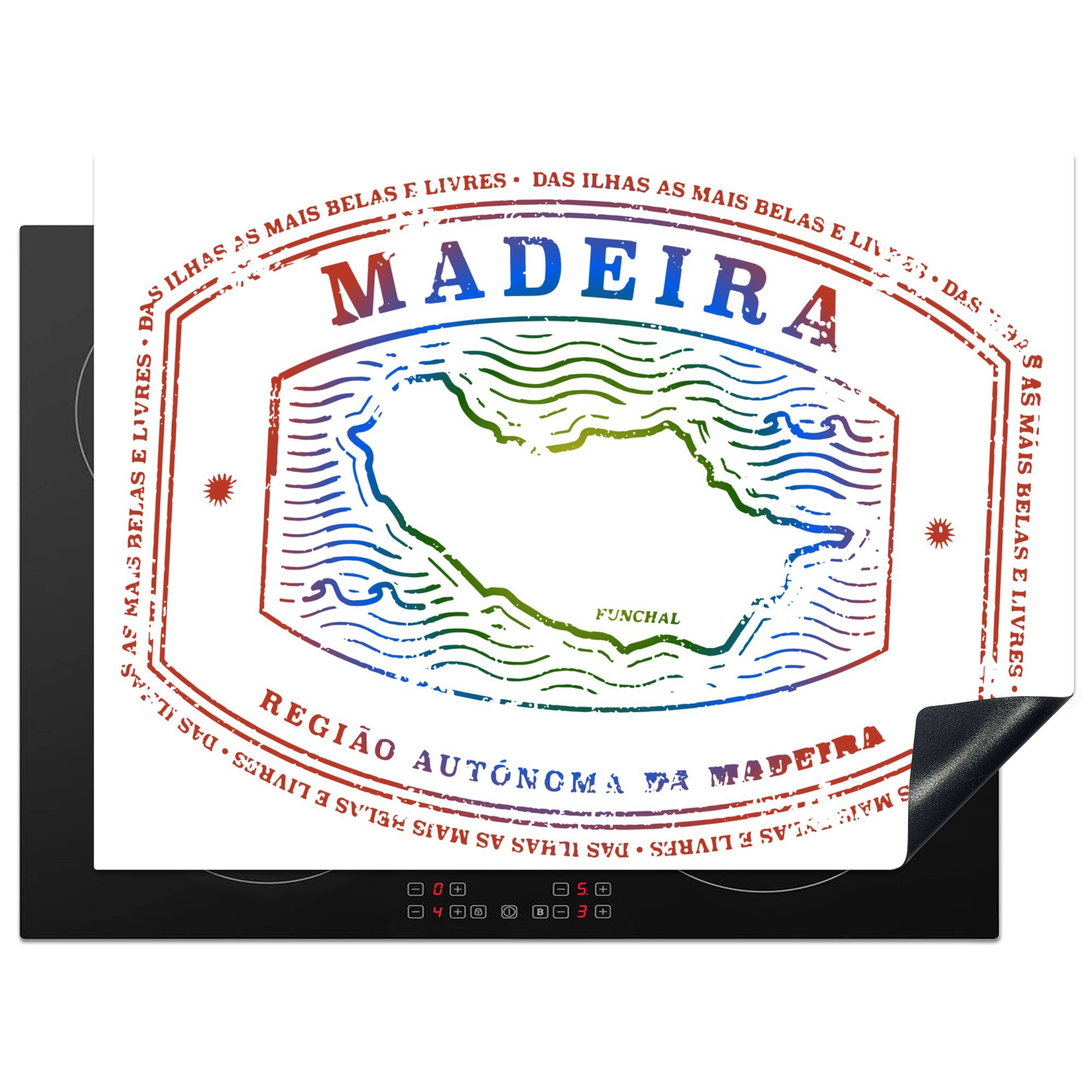 MuchoWow Herdblende-/Abdeckplatte Illustration einer Briefmarke aus Madeira, Vinyl, (1 tlg), 70x52 cm, Mobile Arbeitsfläche nutzbar, Ceranfeldabdeckung