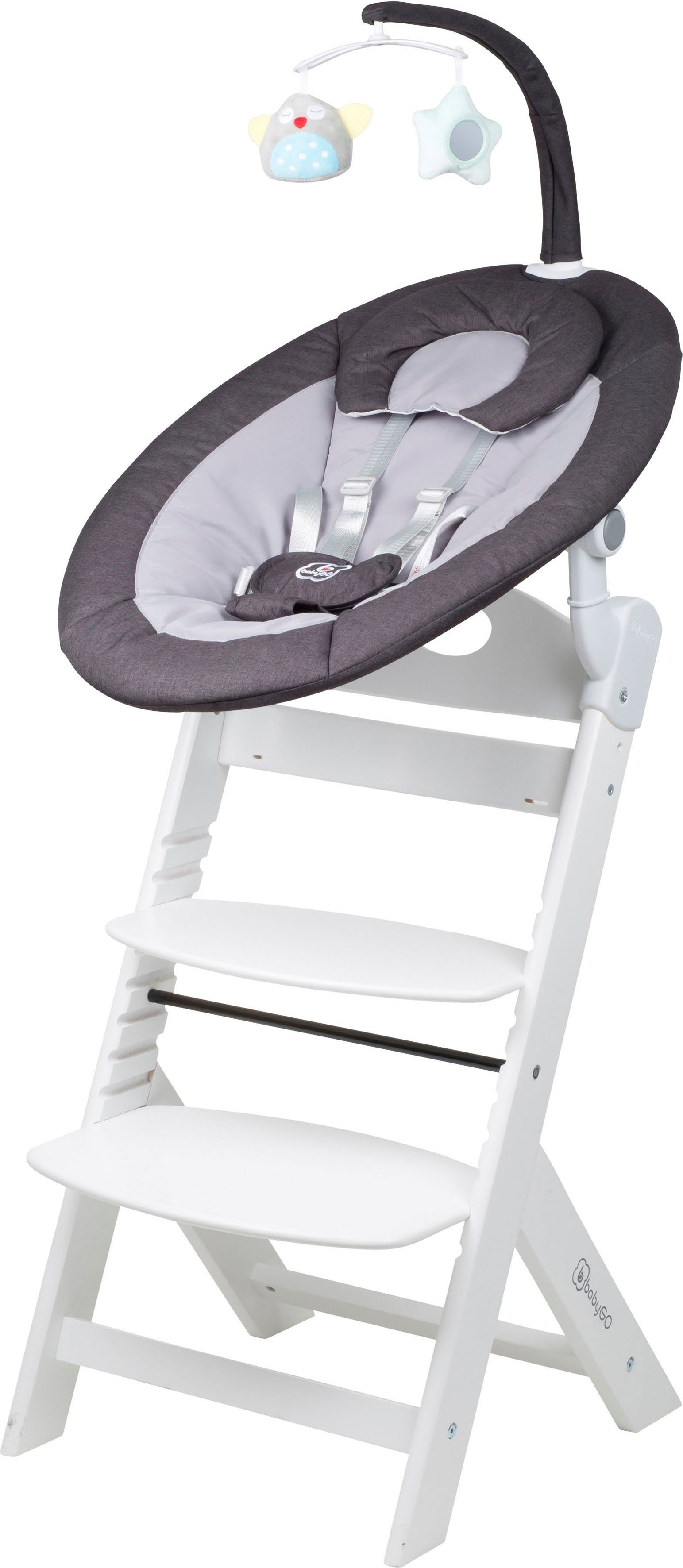 BabyGo Hochstuhl Family Homey Set, weiß/dunkelgrau, mit elektrischer Babywippe inkl. Spielbogen