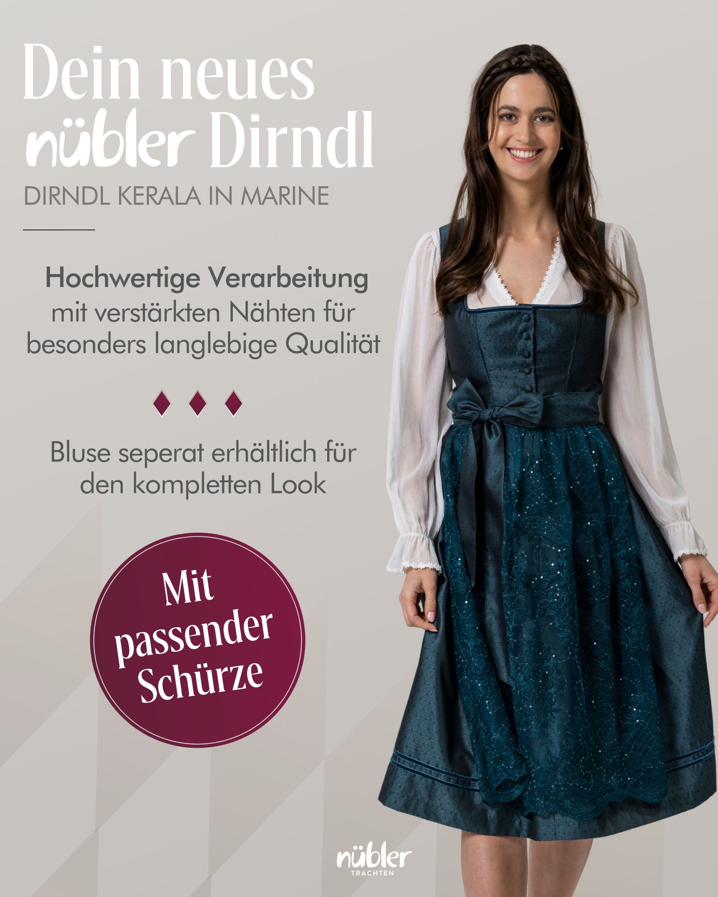 Nübler Dirndl Midi Dirndl Kerala in Marine von Nübler - Rocklänge 70 cm – Bild 4 von 5