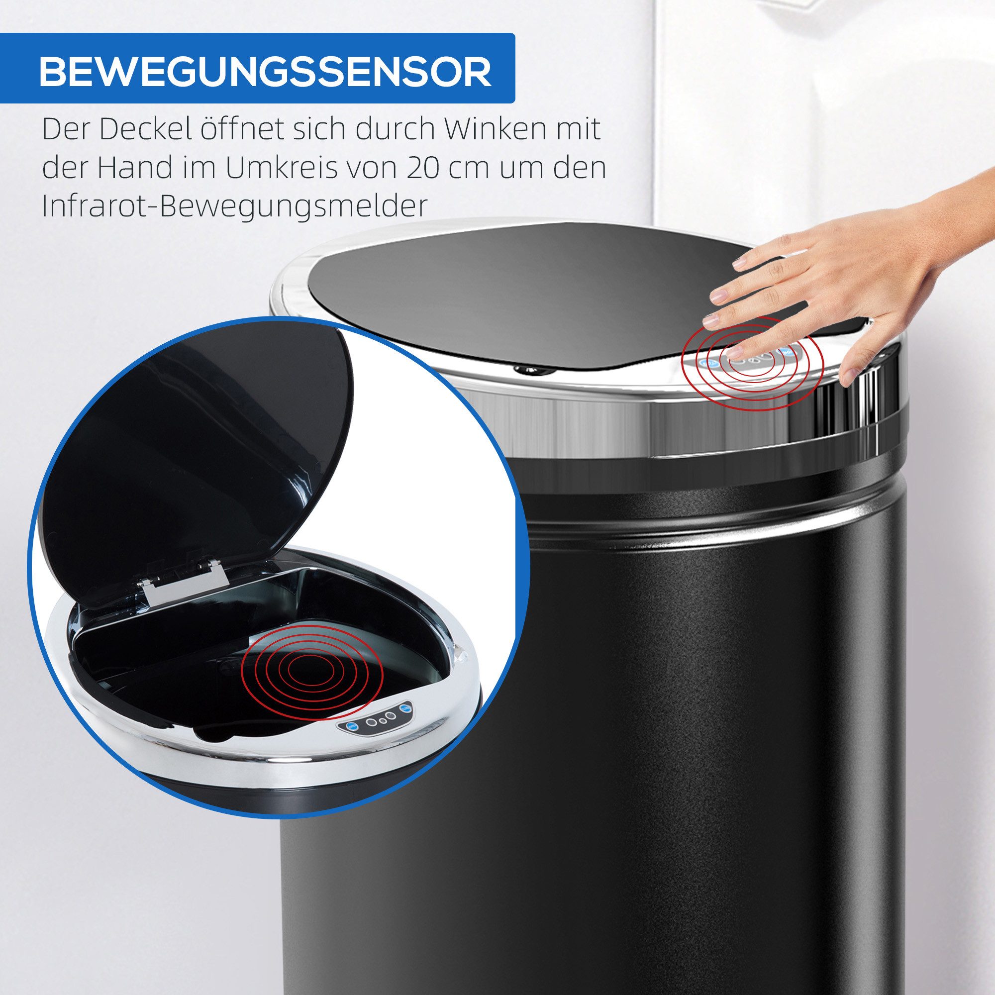 MC Star Mülleimer Sensor Mülleimer 42L, Elektrisch Automatischer Abfalleimer mit Deckel, Rostfrei, für Bad, Büro, Küche, Esszimmer, Stahl, Schwarz
