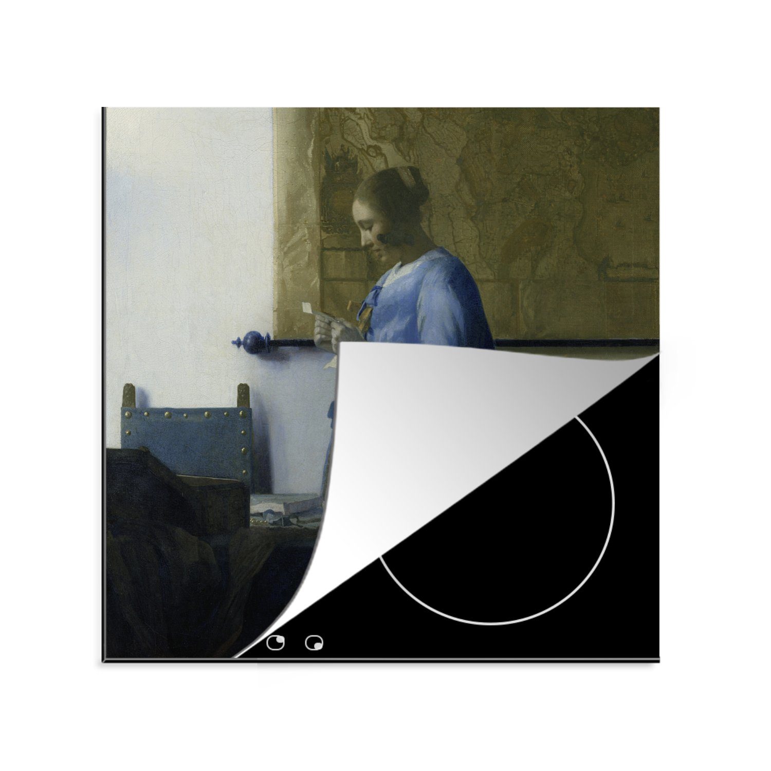 Herdblende-/Abdeckplatte Frau küche Ceranfeldabdeckung, - Arbeitsplatte in tlg), Vermeer, (1 für cm, Johannes liest Blau Brief 78x78 Vinyl, einen MuchoWow