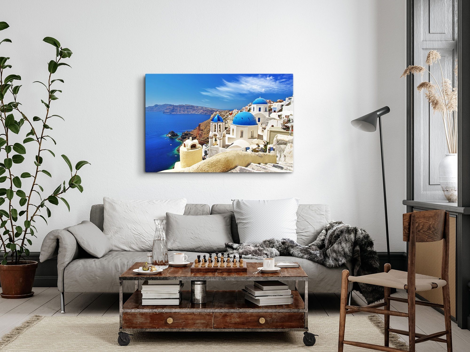 Sinus Art Leinwandbild 120x80cm Wandbild auf Leinwand Santorini Griechenland Insel weiße Häus, (1 St)