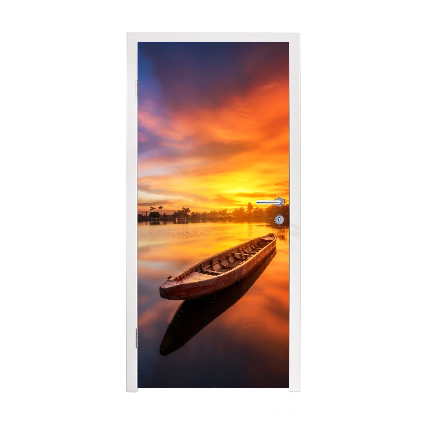 MuchoWow Türtapete Boot - Wasser - Sonnenuntergang - Orange - Wasser, Matt, bedruckt, (1 St), Fototapete für Tür, Türaufkleber, 75x205 cm